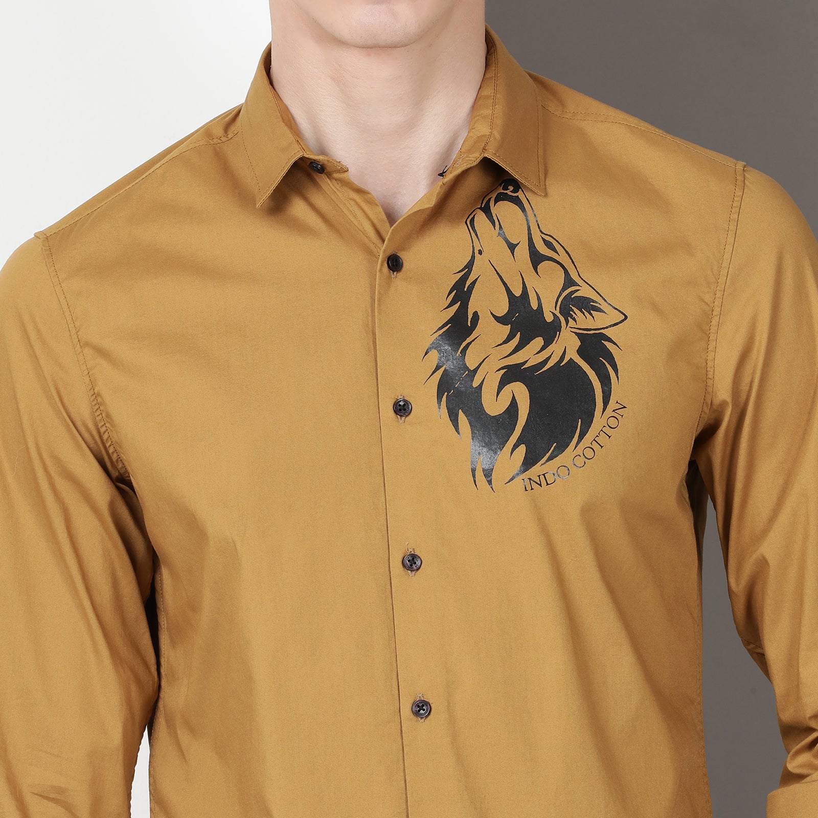 Mustard Colour With Black Full Sleeve Printed Shirt