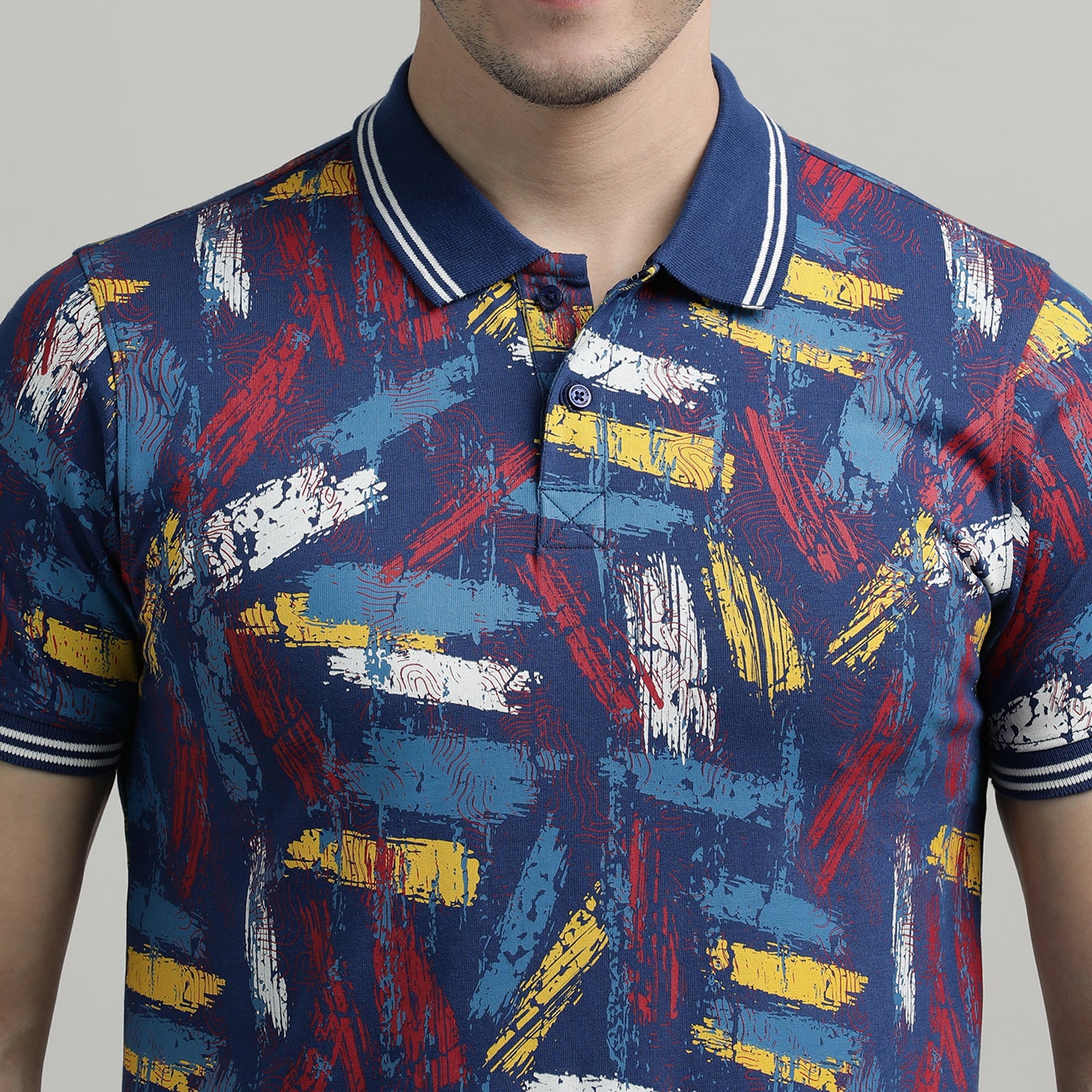 All Over Print Navy Peony Polo T-Shirt