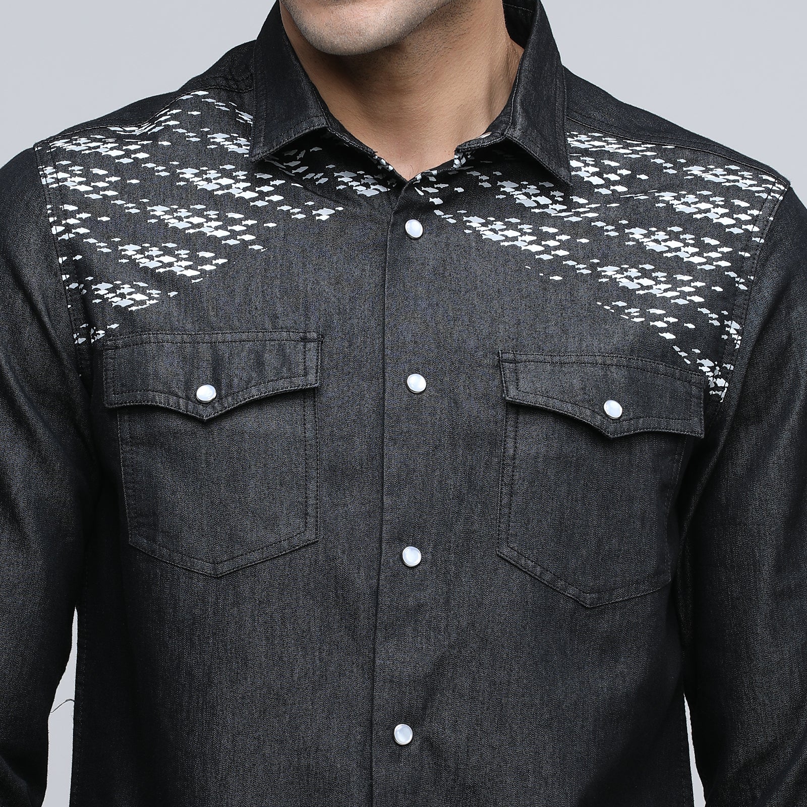 Indo Cotton Men's Printed Denim Full Sleeve Shirt