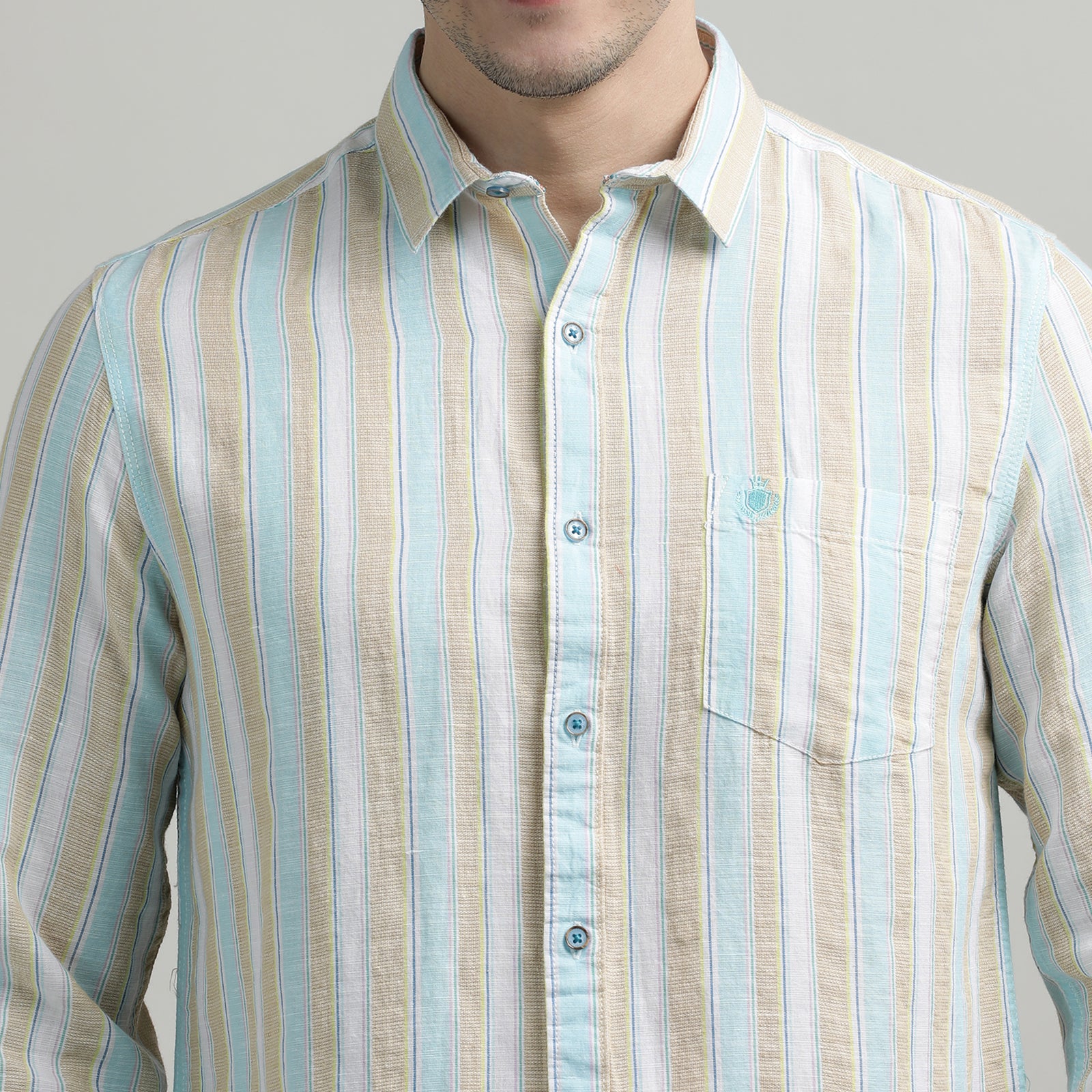 Beige & Blue Striped Full Sleeve Shirt