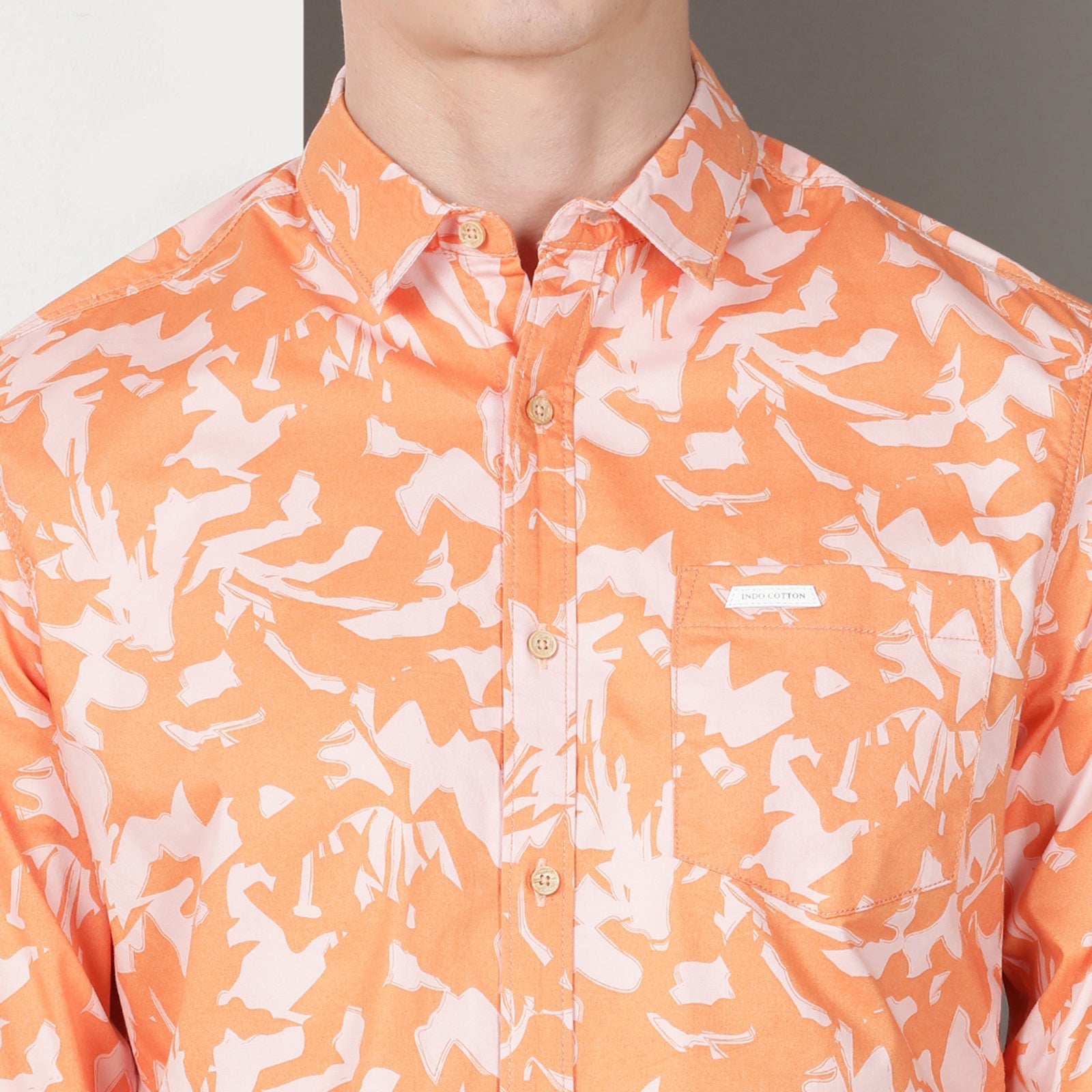 Orange Full Sleeve Floral Printed Shirt