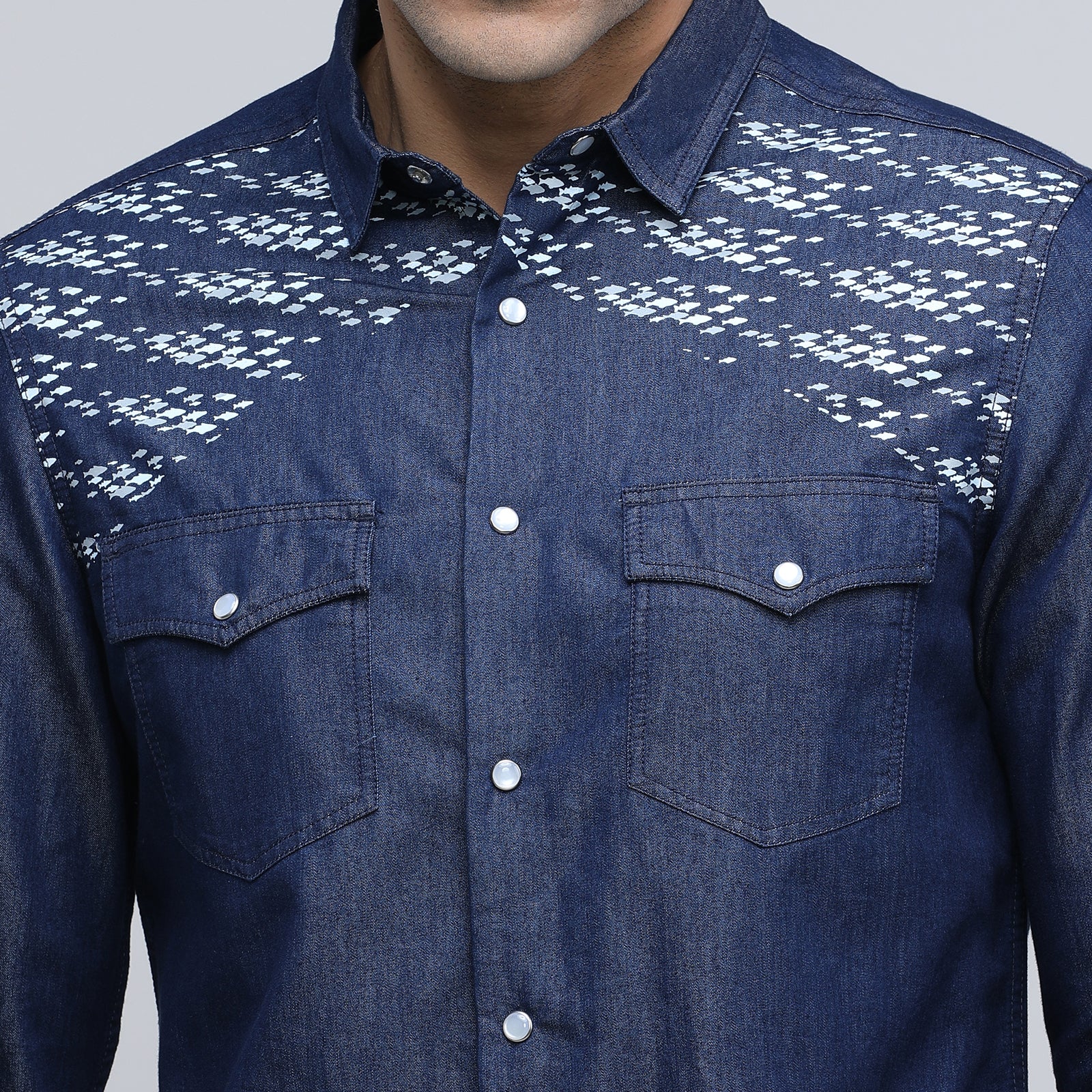 Indo Cotton Men's Printed Denim Full Sleeve Shirt