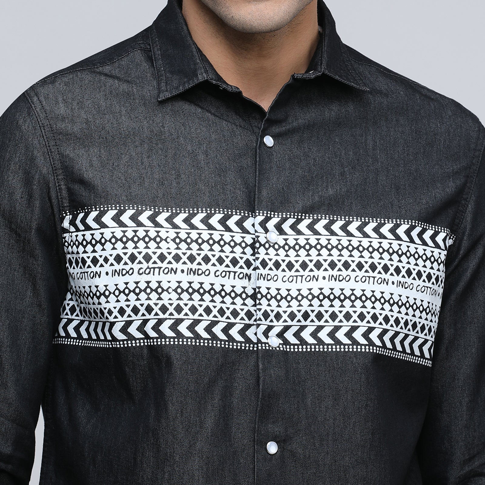 Indo Cotton Men's Denim Printed Full Sleeve Shirt