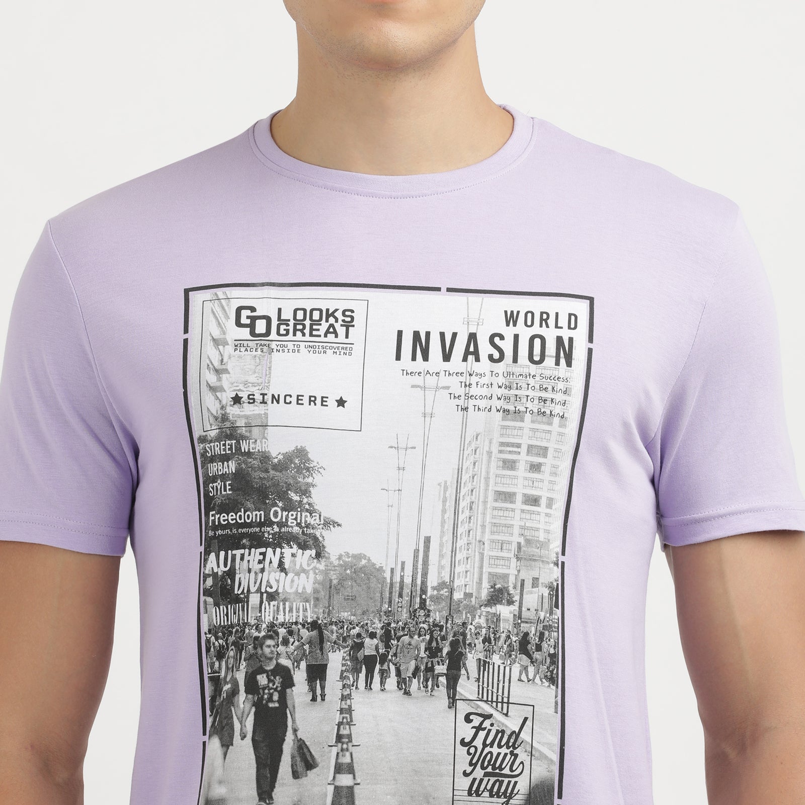 Men's Lavender World Invasion Find Your Way Round Neck Printed T-Shirt