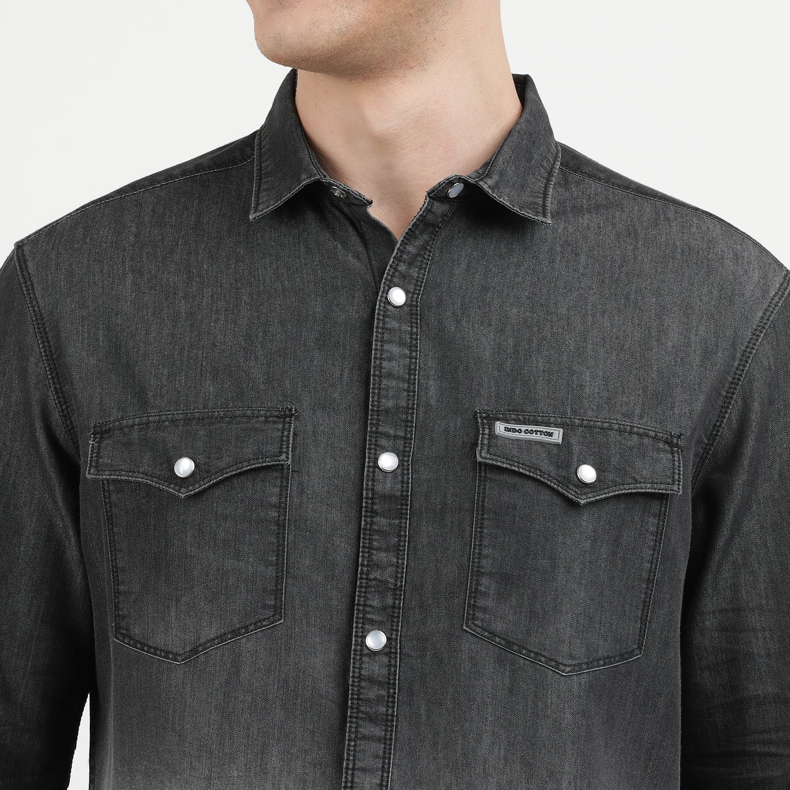 Denim Black Heavy Wash Half and Half Full Sleeve Casual Shirt