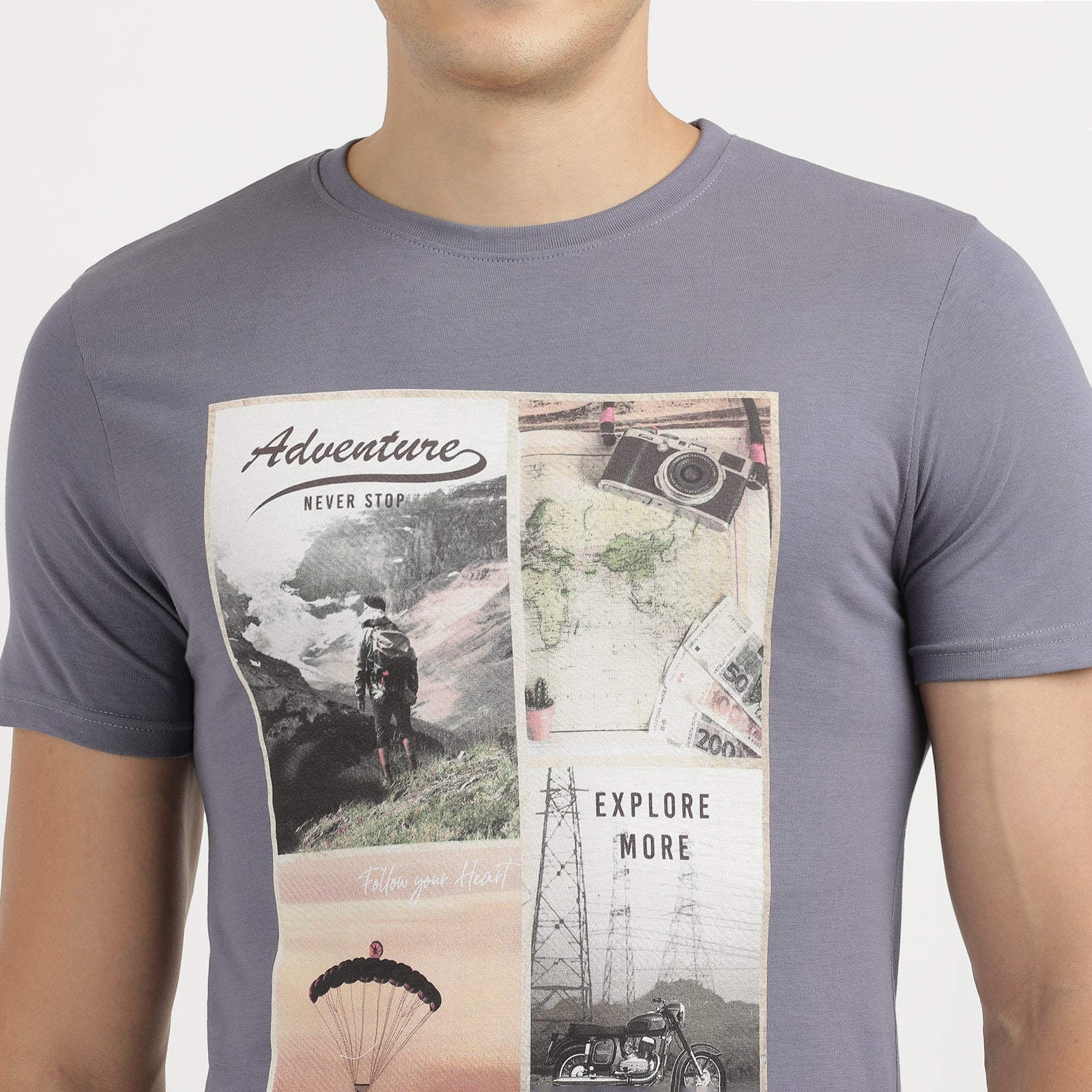 Men's Grisaille Adventure Never Stop And Air Time Travel Printed Round Neck T-Shirt