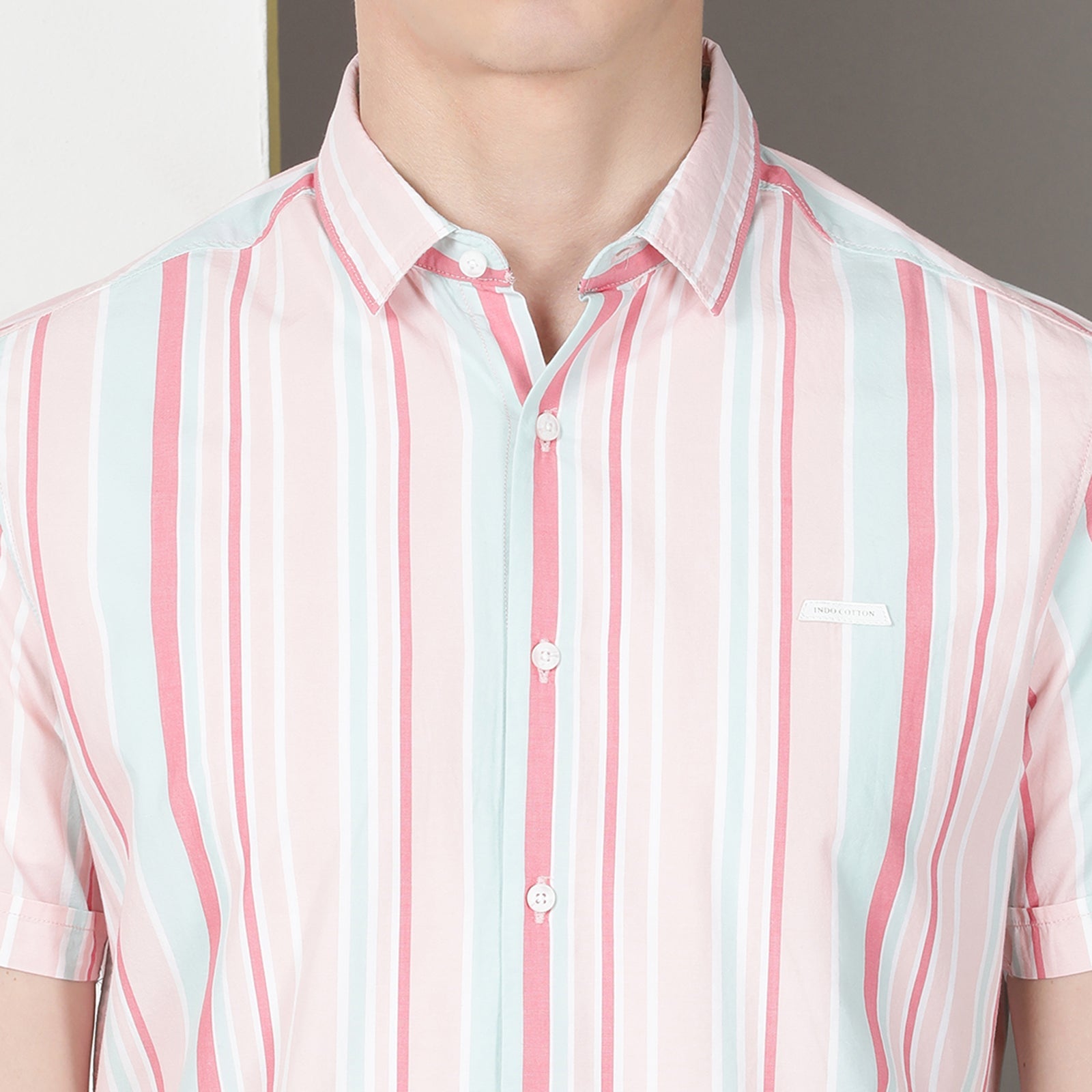 Pink & Green Half Sleeve Stripes Shirt