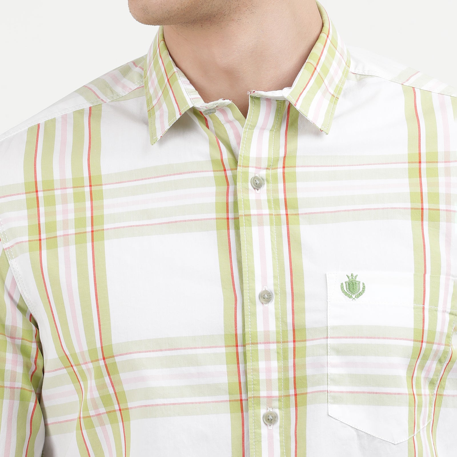 Men's Casual Long-Sleeve Plaid Shirt - White with Green Stripes