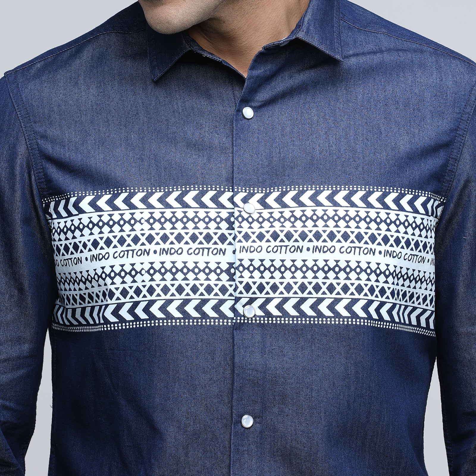 Indo Cotton Men's Denim Printed Full Sleeve Shirt