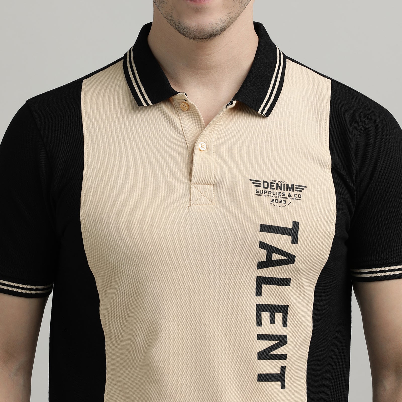 Polo T-Shirt Jet Black And Honey Peach Cut & Sew