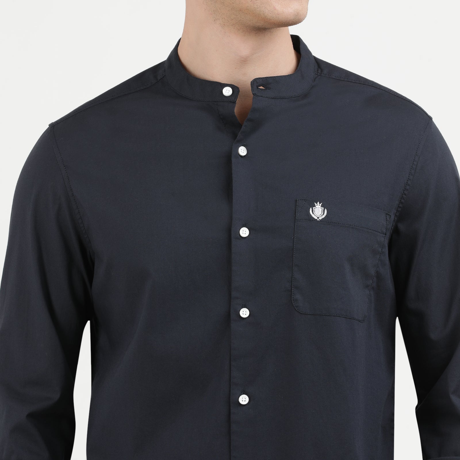 Elegant Dark Navy Mandarin Collar Casual Shirt