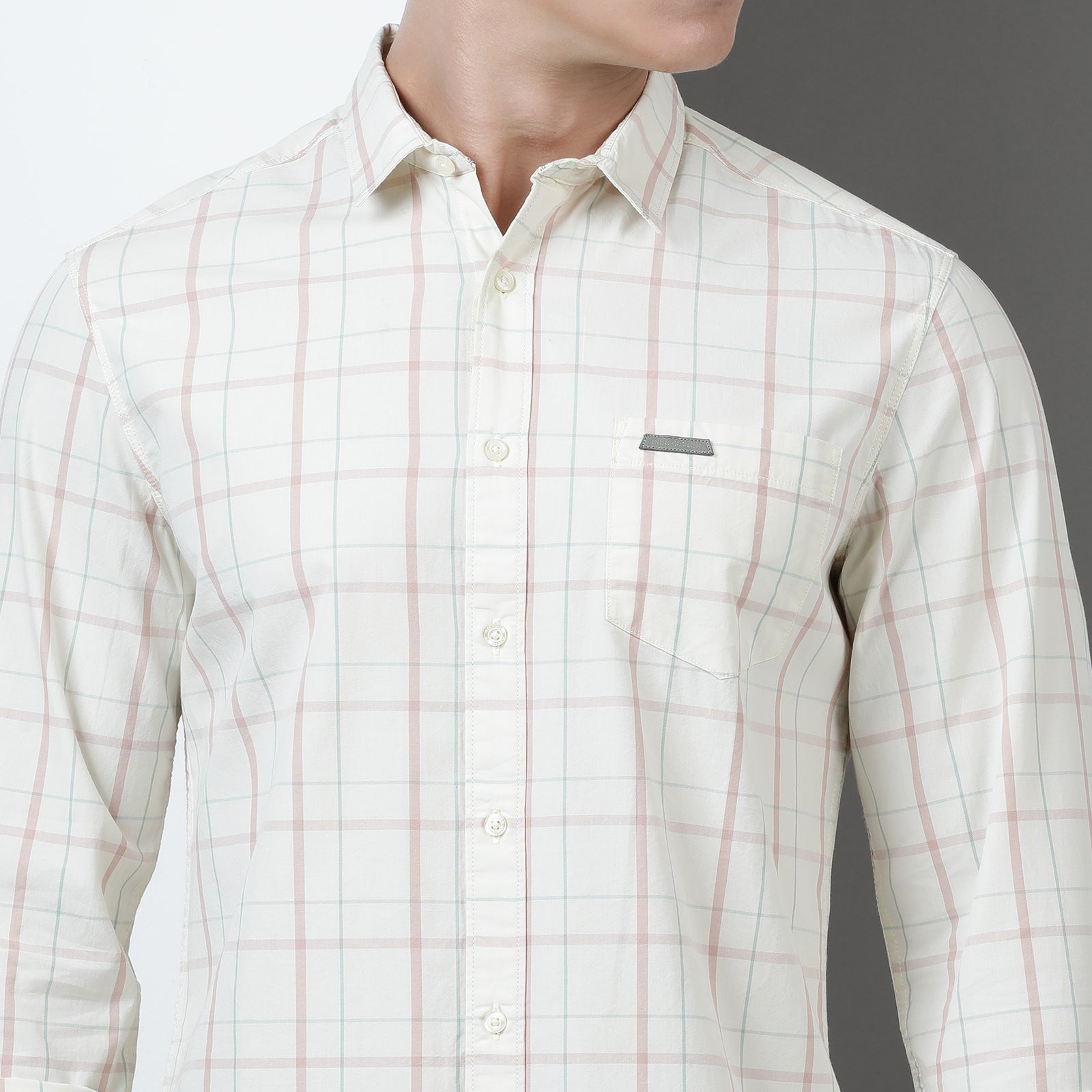 Cream Yarn Dyed Checks Full Sleeve Shirt