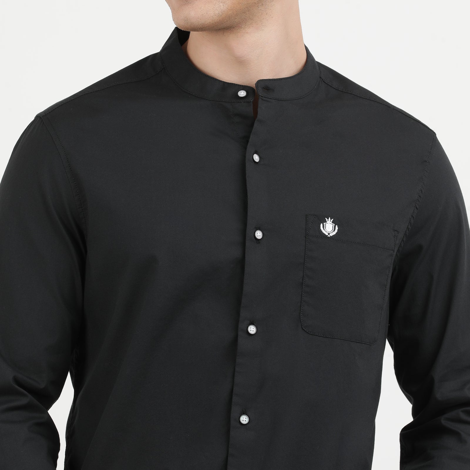 Black Solid Mandarin Collar Full Sleeve Casual Shirt