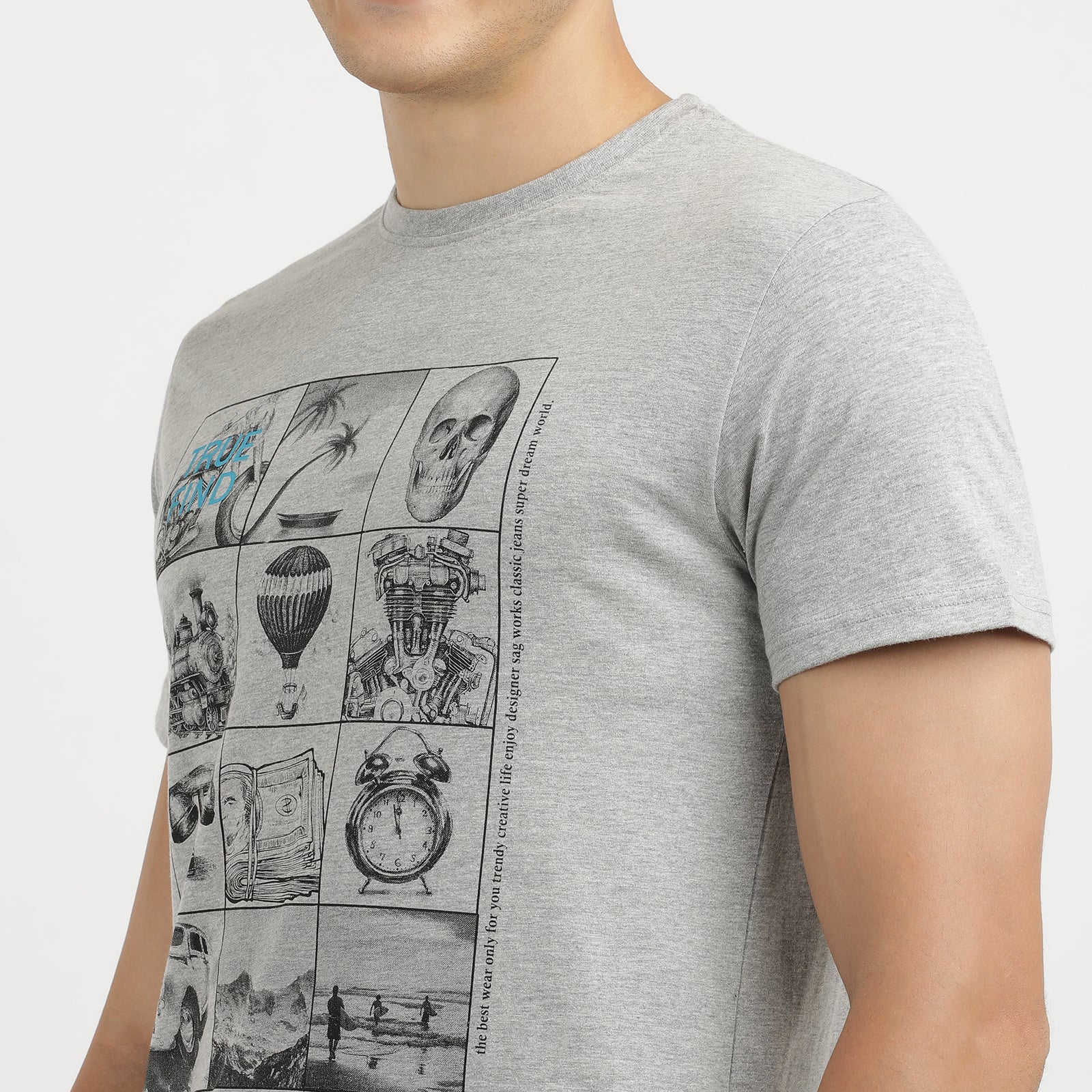 Men's Grey Melange Great Time So Fun Print Round Neck T-Shirt