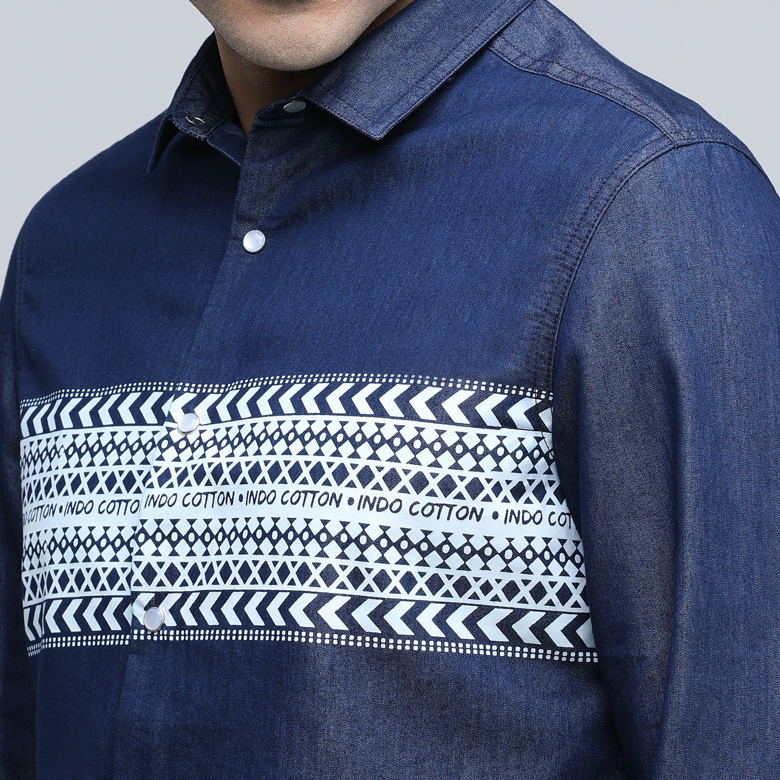 Indo Cotton Men's Denim Printed Full Sleeve Shirt