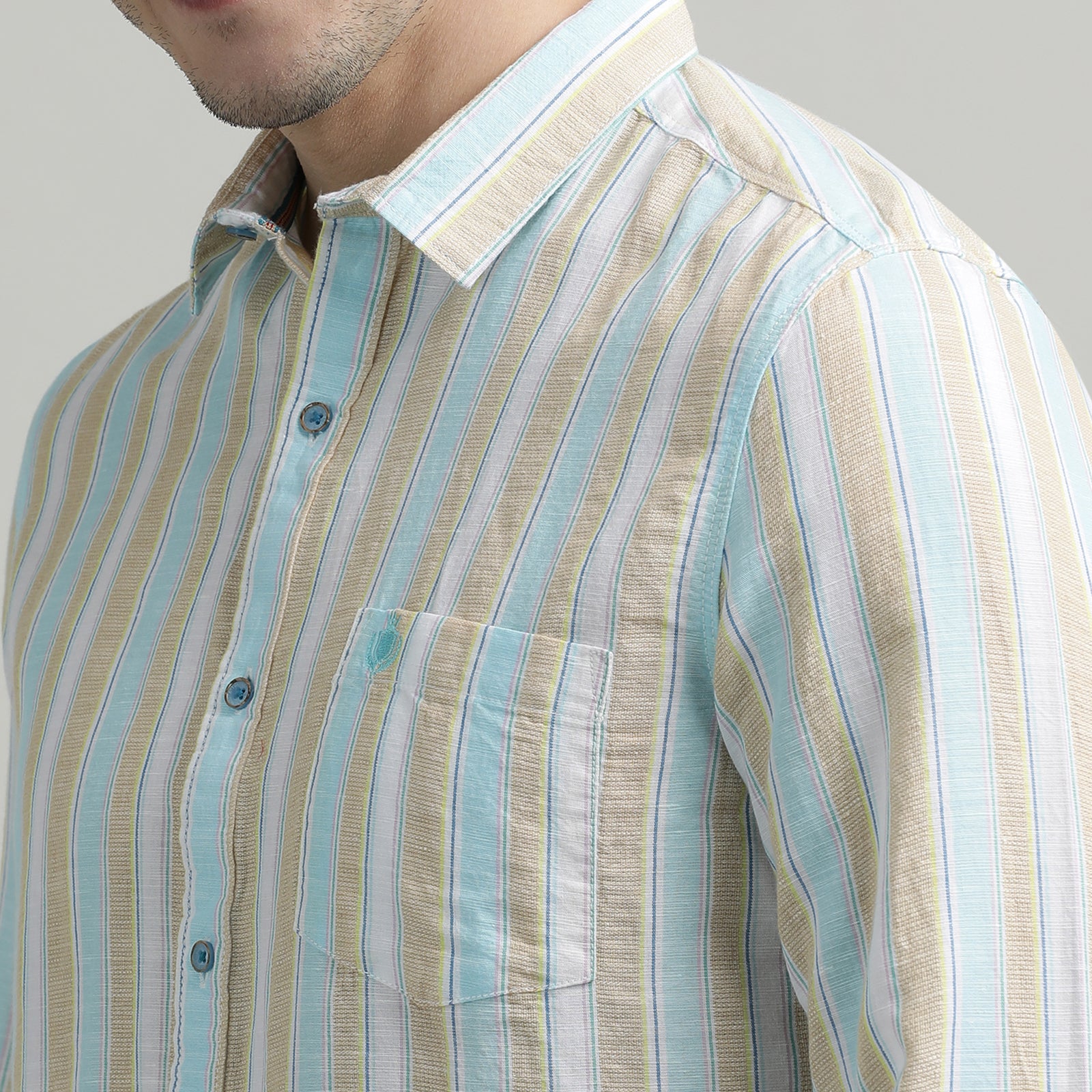 Beige & Blue Striped Full Sleeve Shirt