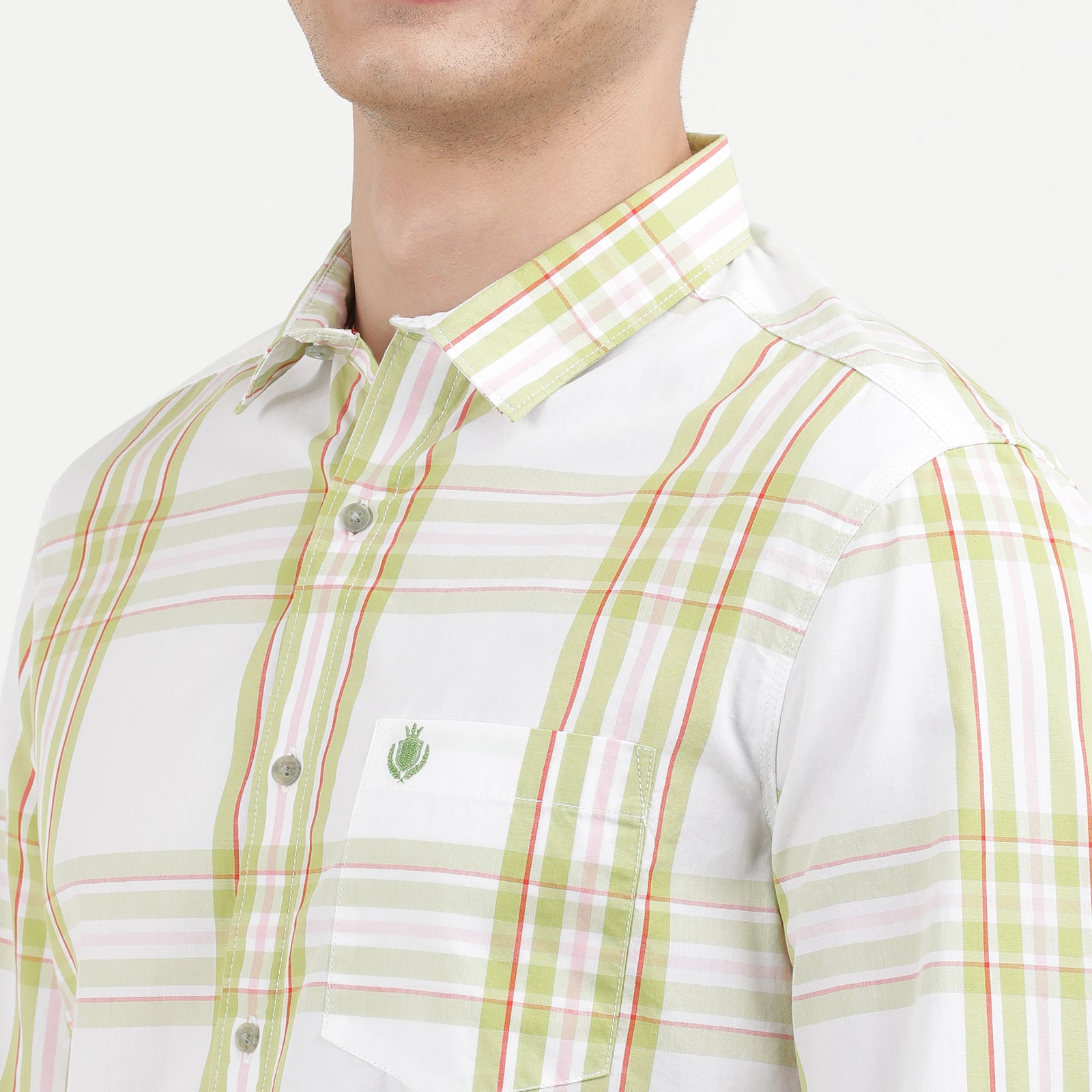 Men's Casual Long-Sleeve Plaid Shirt - White with Green Stripes