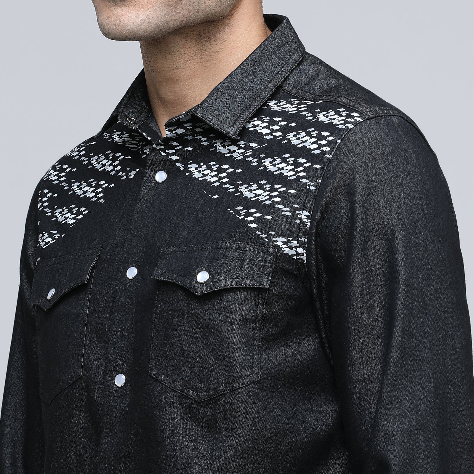 Indo Cotton Men's Printed Denim Full Sleeve Shirt