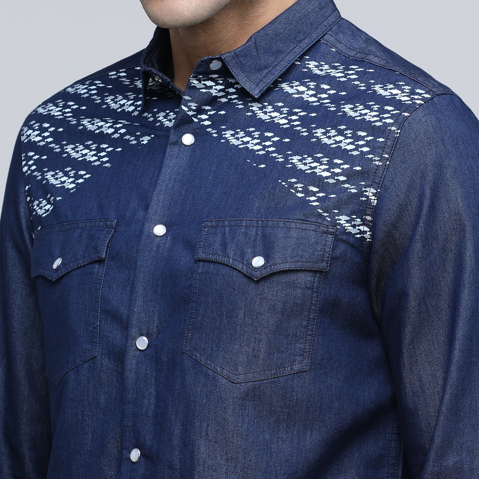 Indo Cotton Men's Printed Denim Full Sleeve Shirt