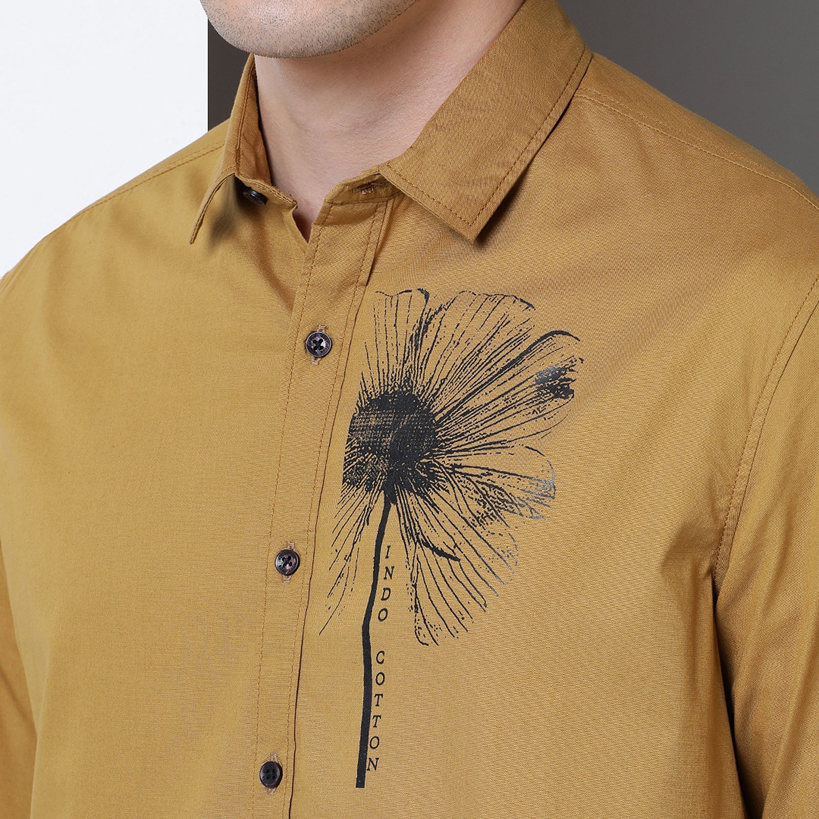 Mustard Color With Black Print Full Sleeve Shirt