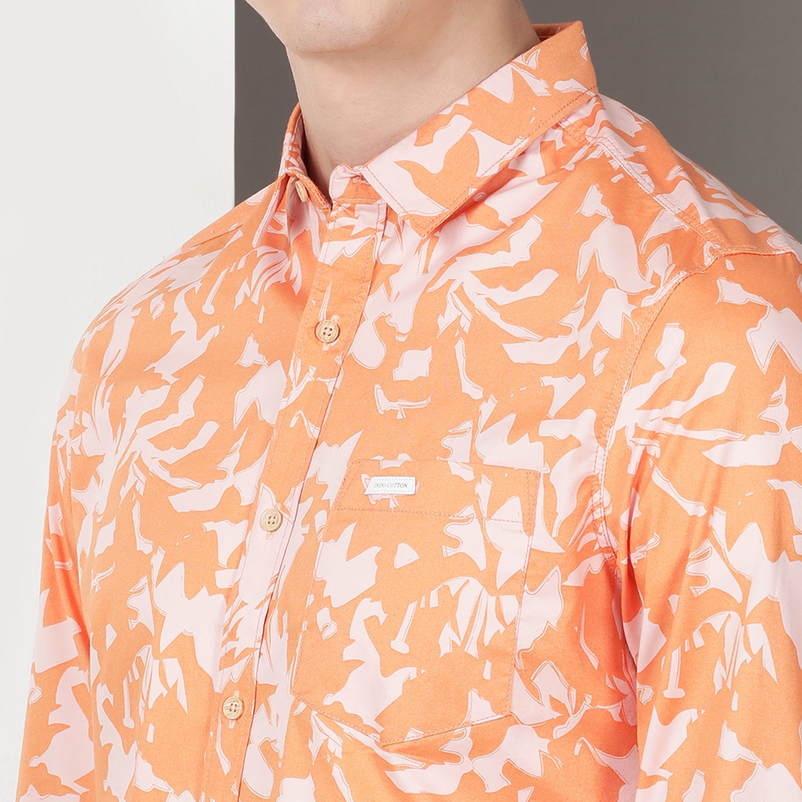 Orange Full Sleeve Floral Printed Shirt