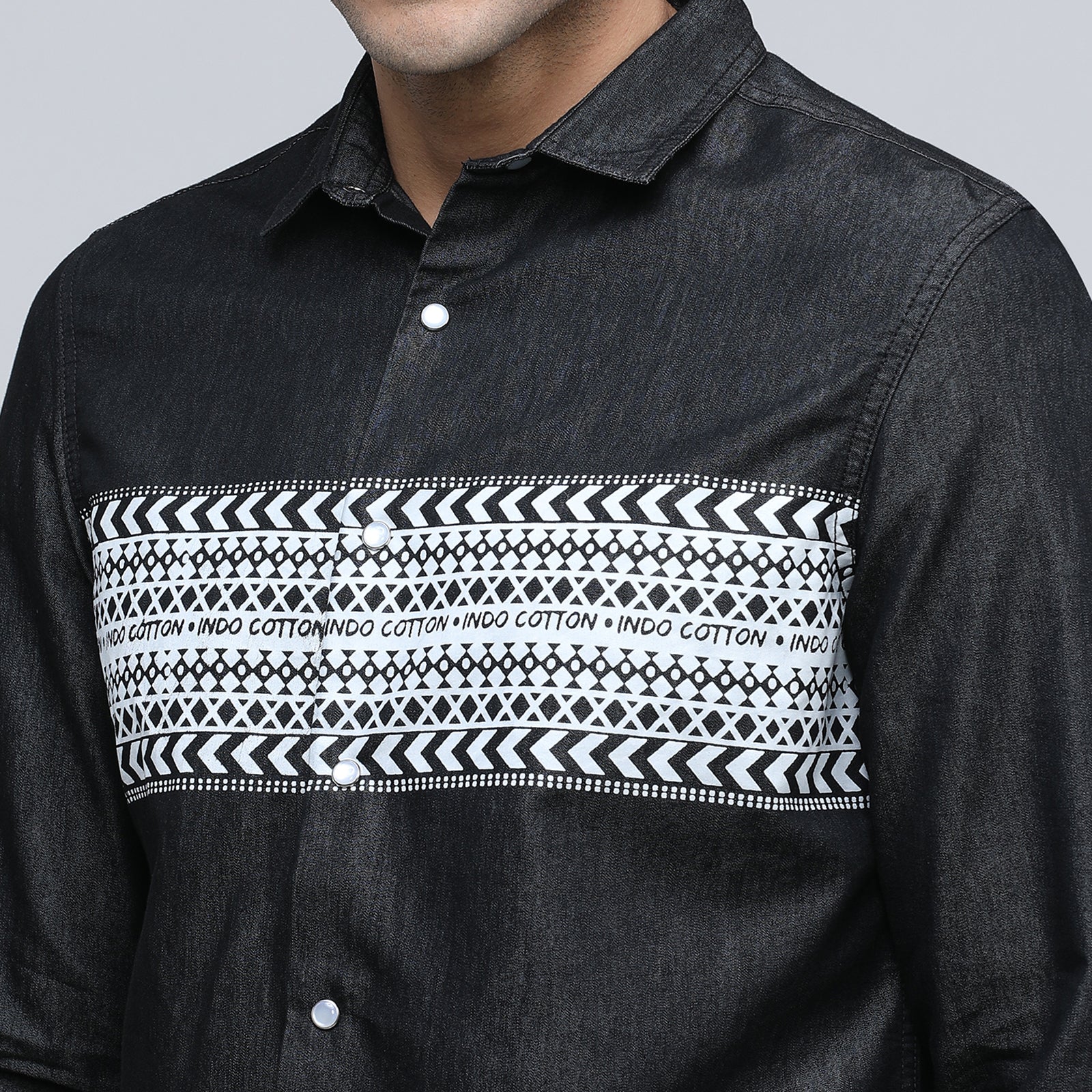 Indo Cotton Men's Denim Printed Full Sleeve Shirt