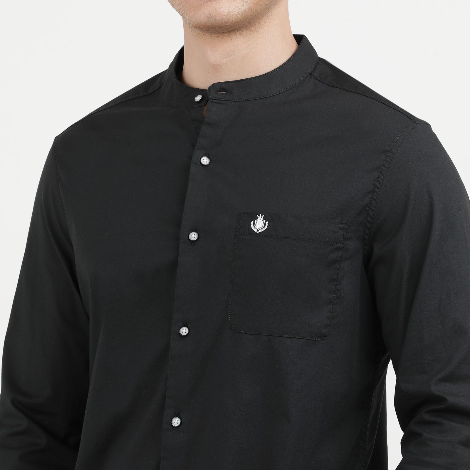 Black Solid Mandarin Collar Full Sleeve Casual Shirt