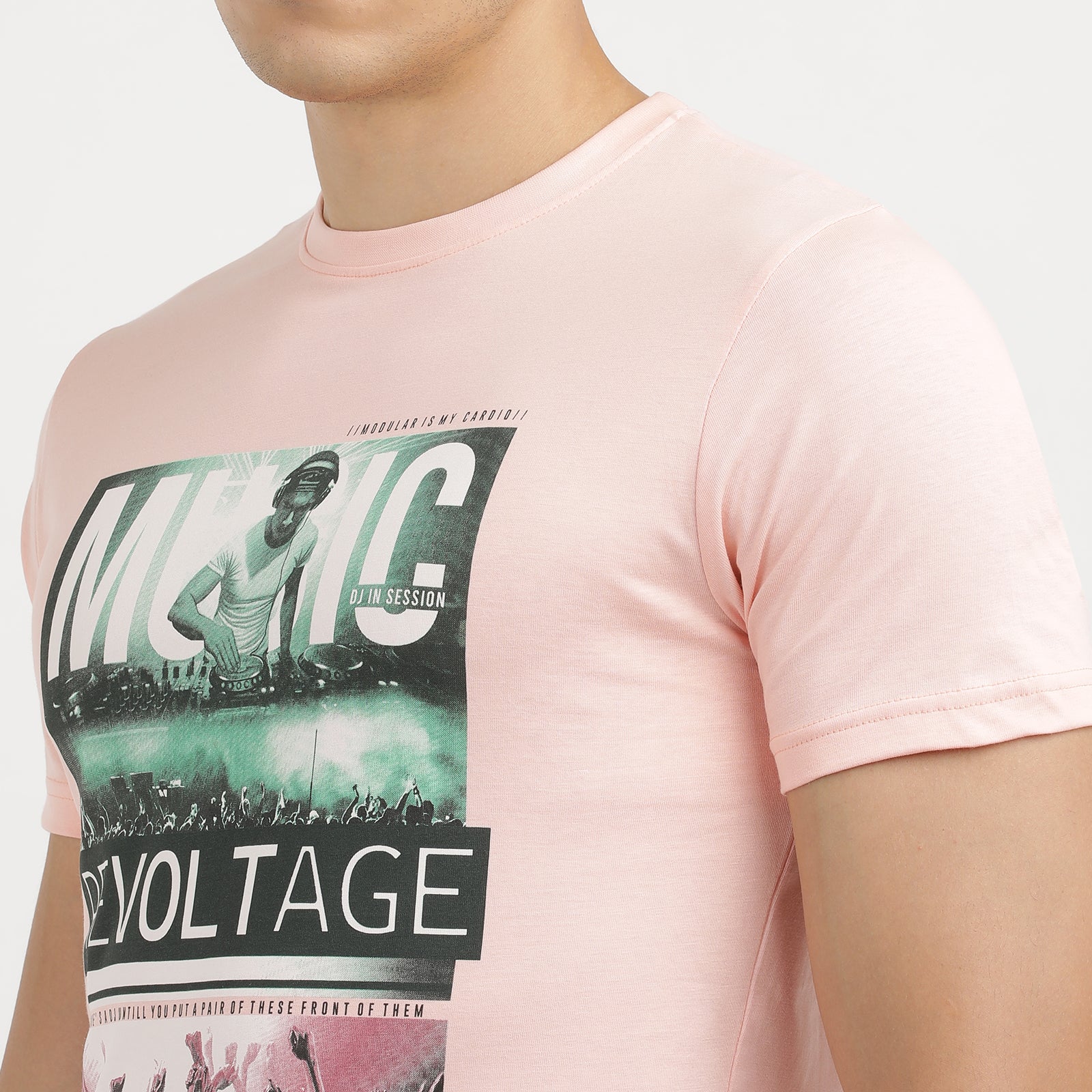 Men's Impatiens Pink Music Re voltage Progressive Electro Crew Neck  Graphic Printed T-Shirt