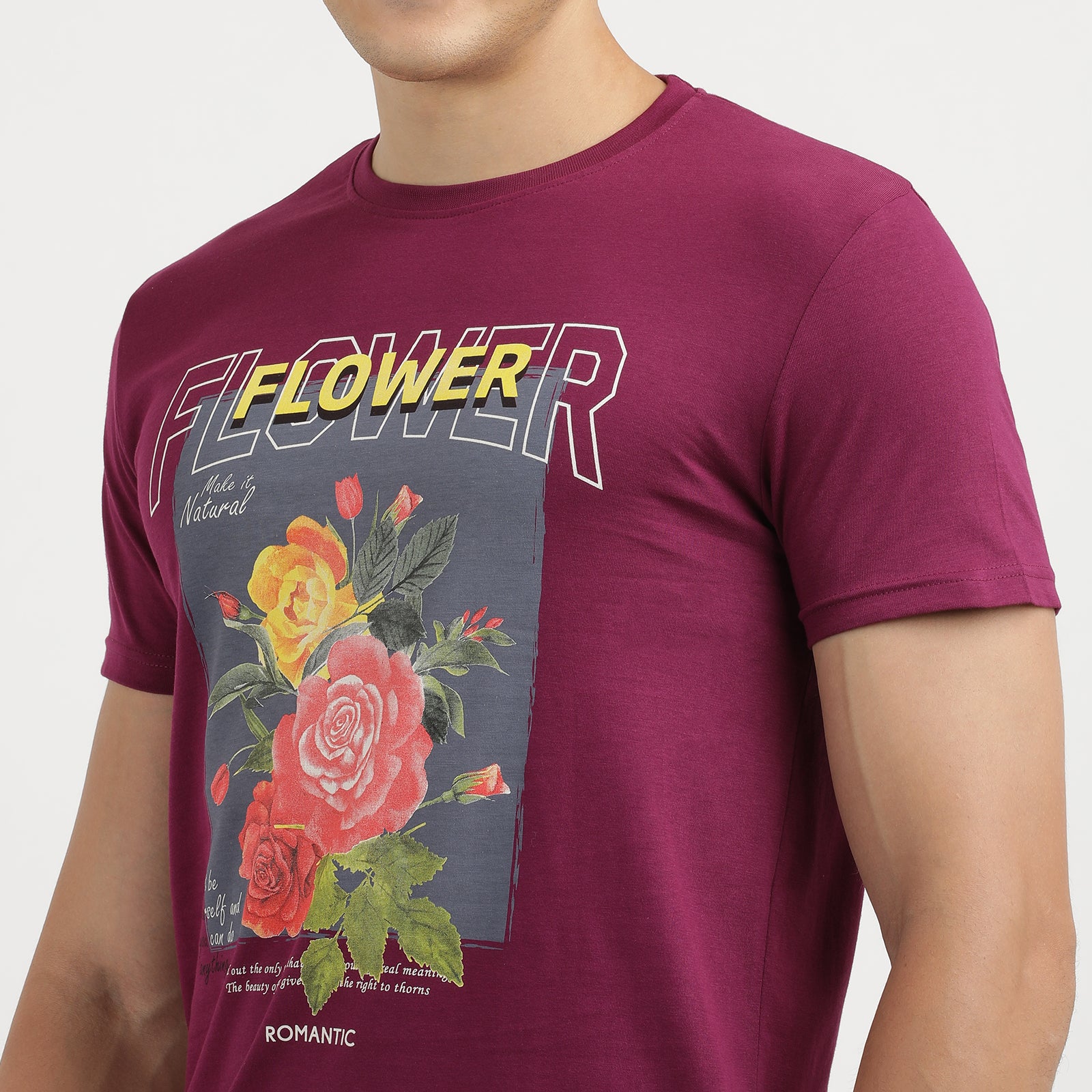 Dark Purple Flower Print Crew Neck T-Shirt