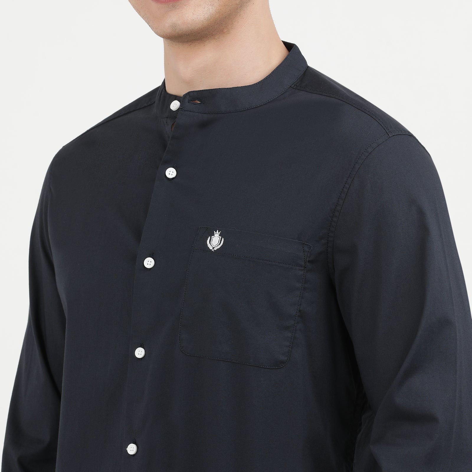 Elegant Dark Navy Mandarin Collar Casual Shirt