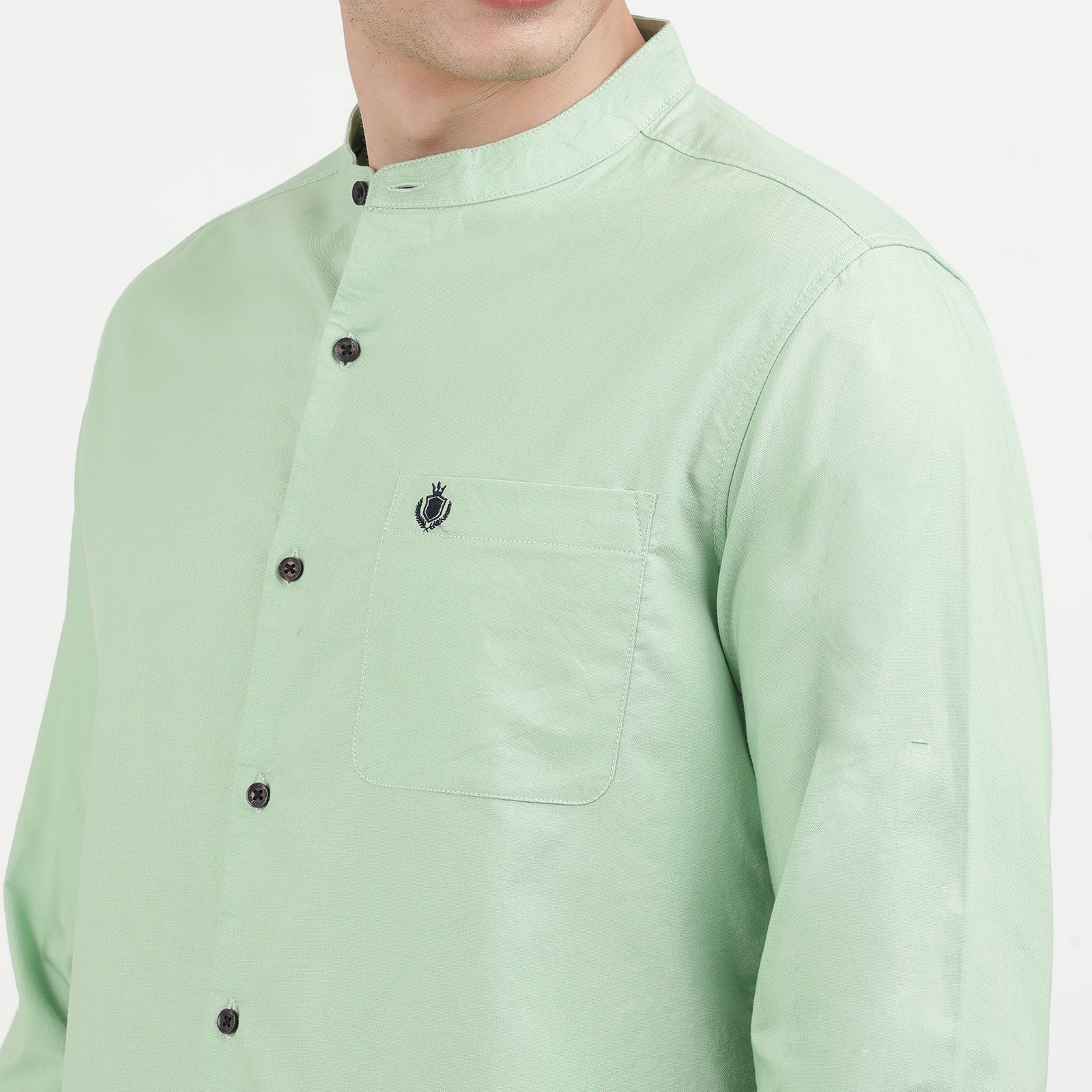 Green Solid Oxford Fabric Mandarin Collar Full Sleeve Casual Shirt