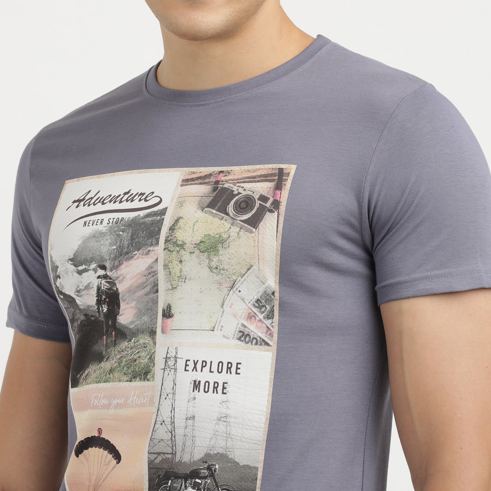 Men's Grisaille Adventure Never Stop And Air Time Travel Printed Round Neck T-Shirt