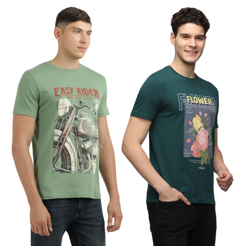 Men's Flower make It Natural & Easy Rider Crew Neck Graphic Printed T-Shirt Pack Of 2