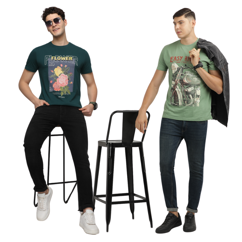 Men's Flower make It Natural & Easy Rider Crew Neck Graphic Printed T-Shirt Pack Of 2