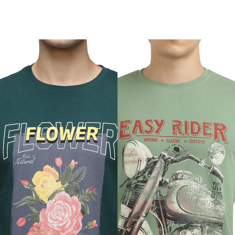 Men's Flower make It Natural & Easy Rider Crew Neck Graphic Printed T-Shirt Pack Of 2