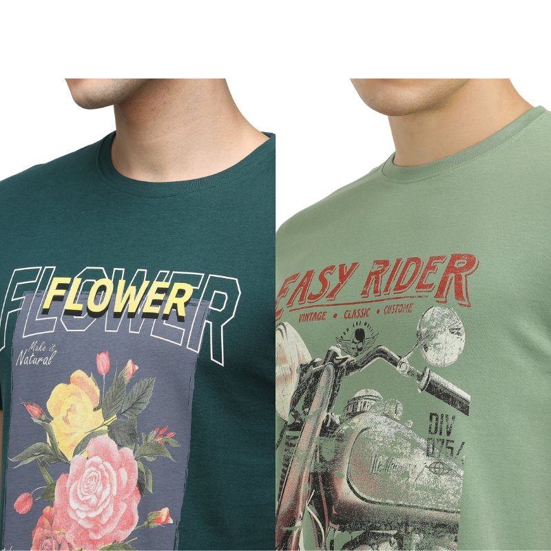 Men's Flower make It Natural & Easy Rider Crew Neck Graphic Printed T-Shirt Pack Of 2