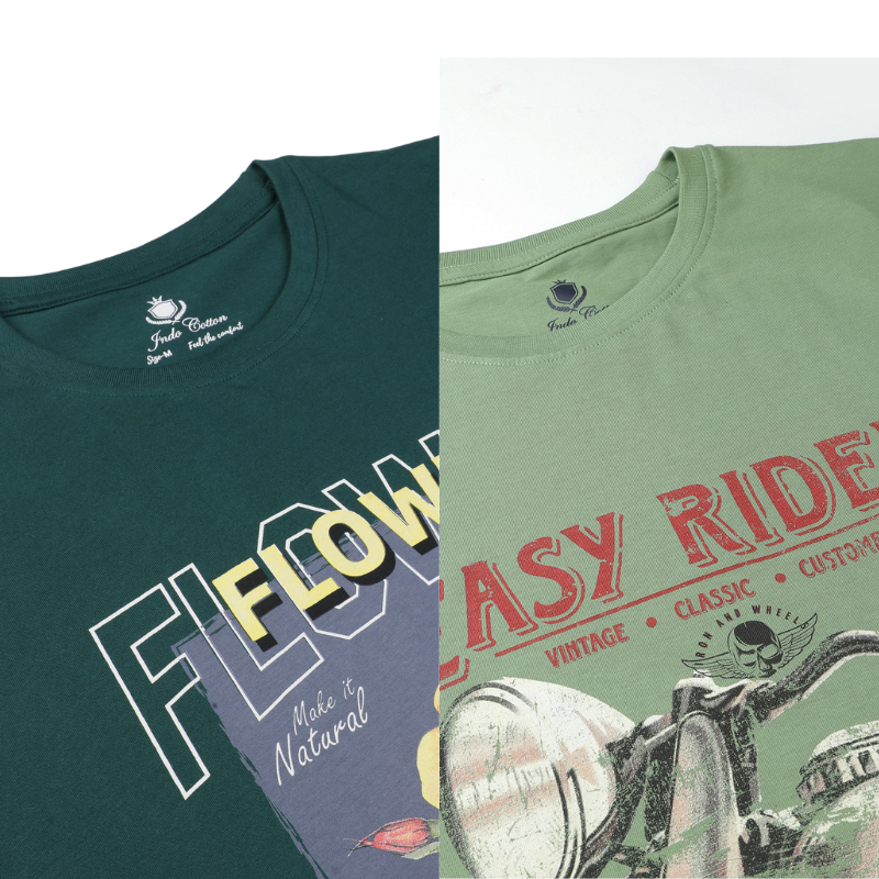 Men's Flower make It Natural & Easy Rider Crew Neck Graphic Printed T-Shirt Pack Of 2