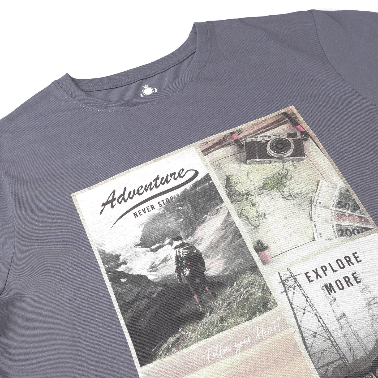 Men's Grisaille Adventure Never Stop And Air Time Travel Printed Round Neck T-Shirt