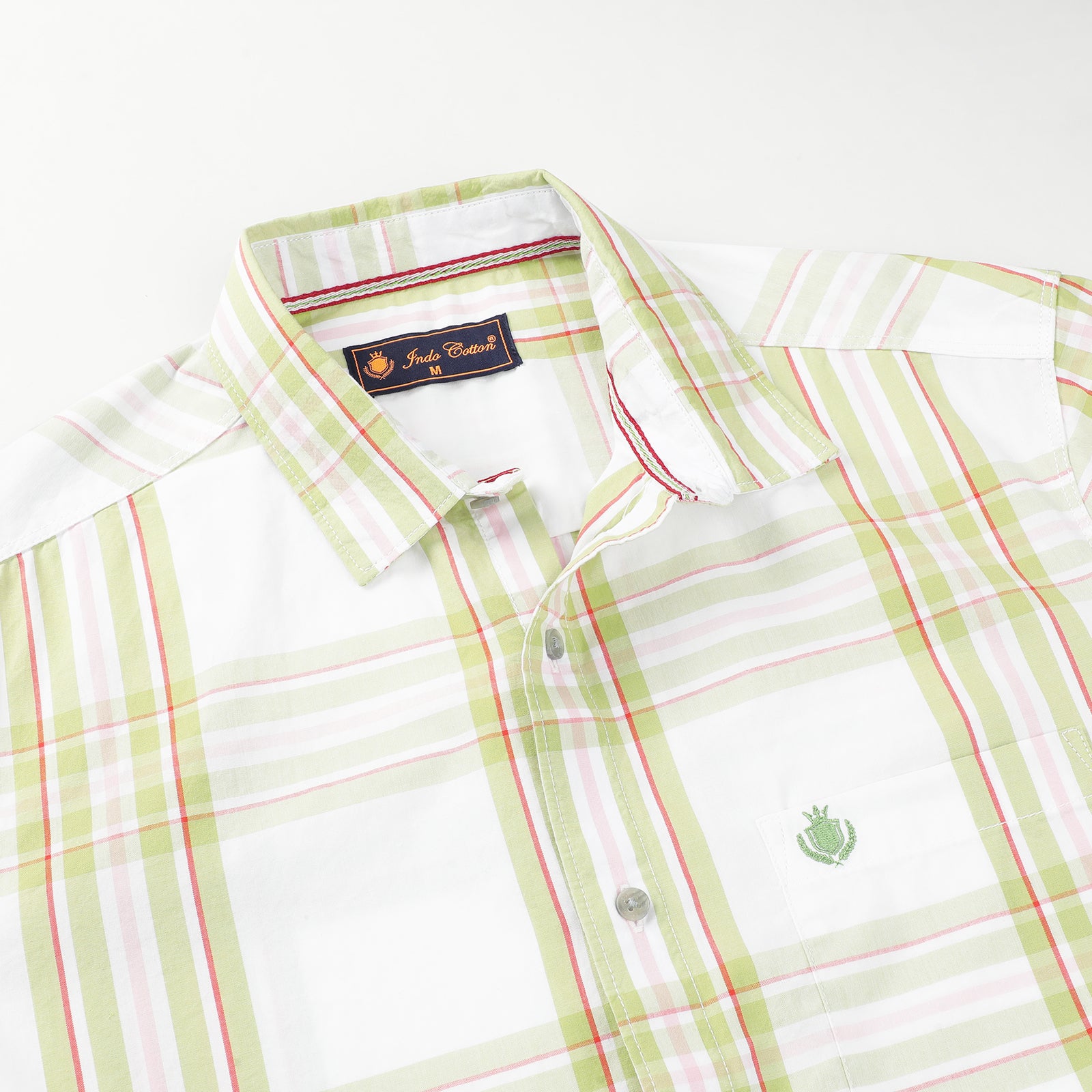 Men's Casual Long-Sleeve Plaid Shirt - White with Green Stripes