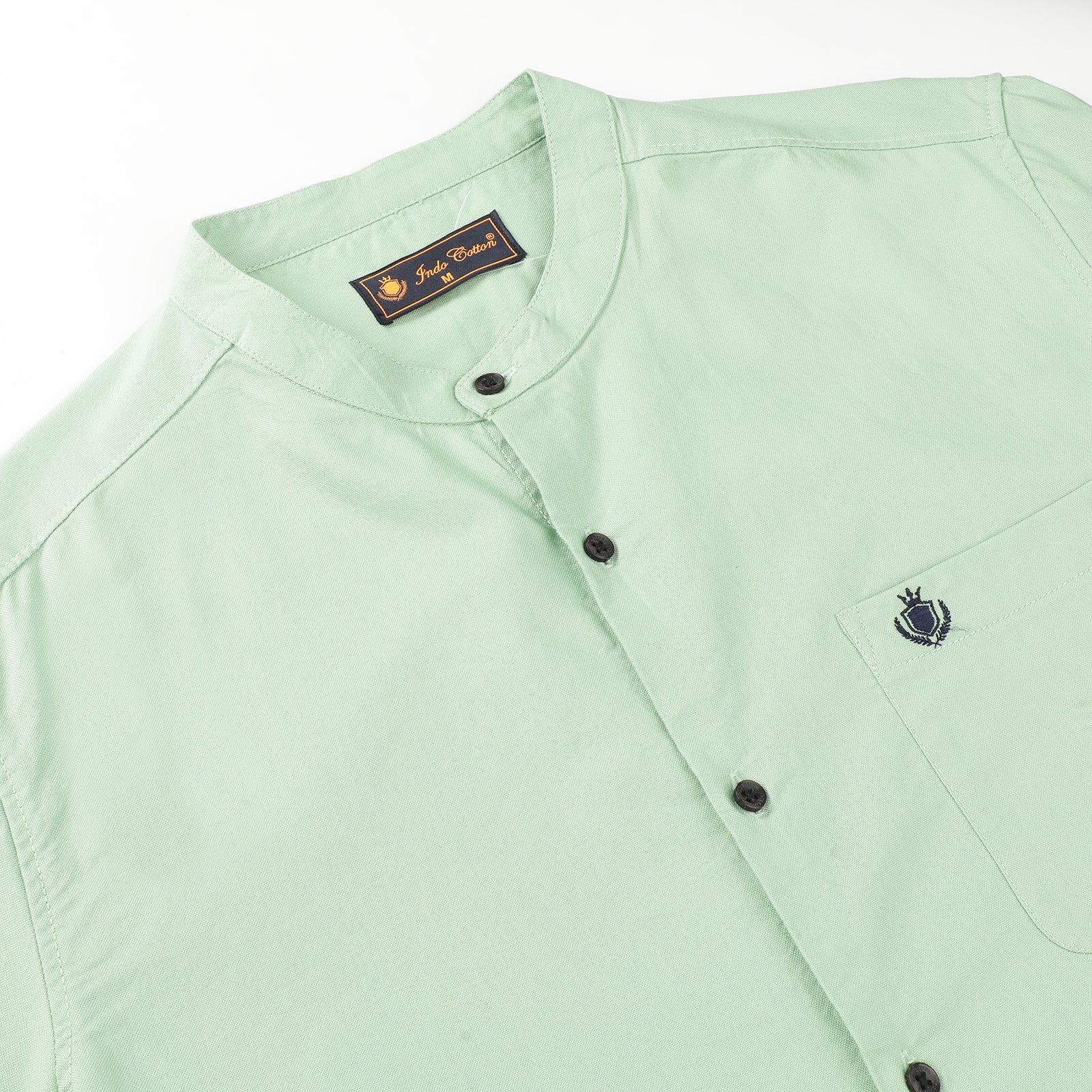 Green Solid Oxford Fabric Mandarin Collar Full Sleeve Casual Shirt