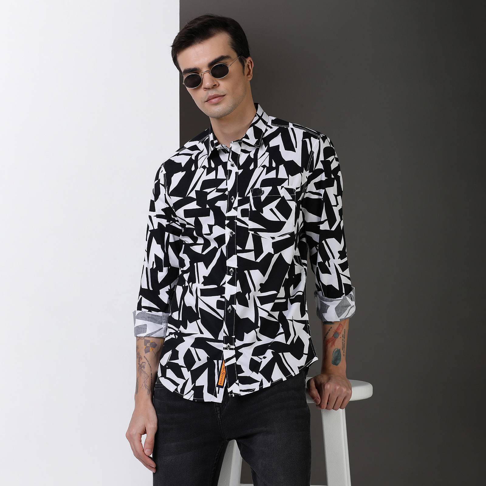 Indo Cotton Black & White printed full sleeve shirt