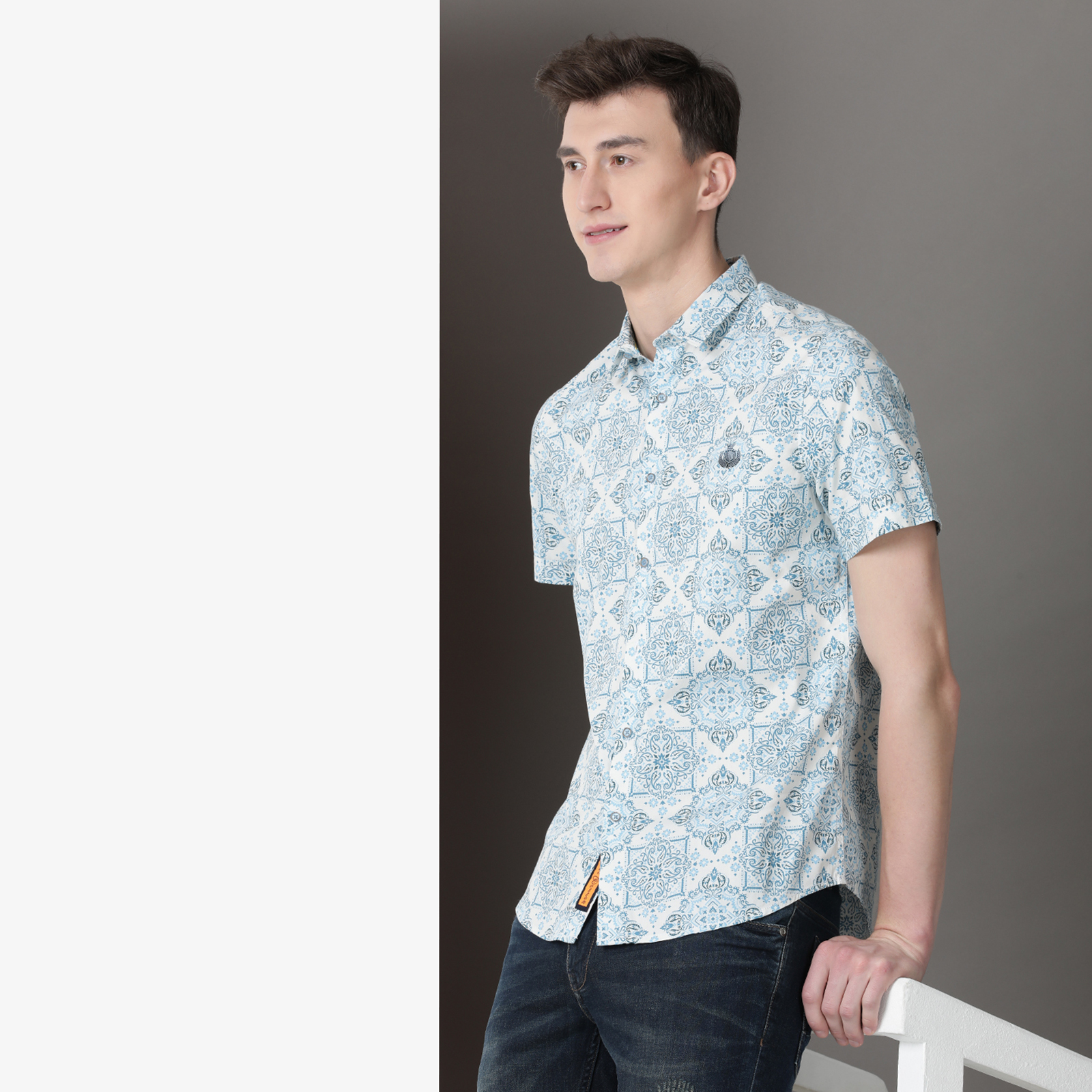 Indo Cotton Men's Blue & Teal Printed Half Sleeve Shirt