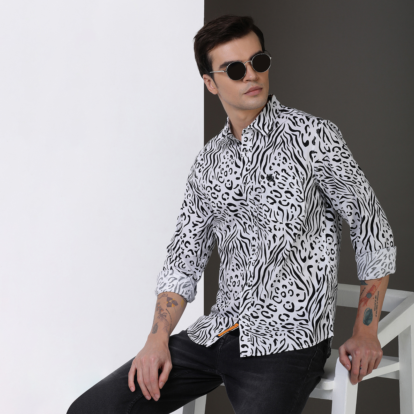 Indo Cotton Men's Black & White Printed Full Sleeve Shirt