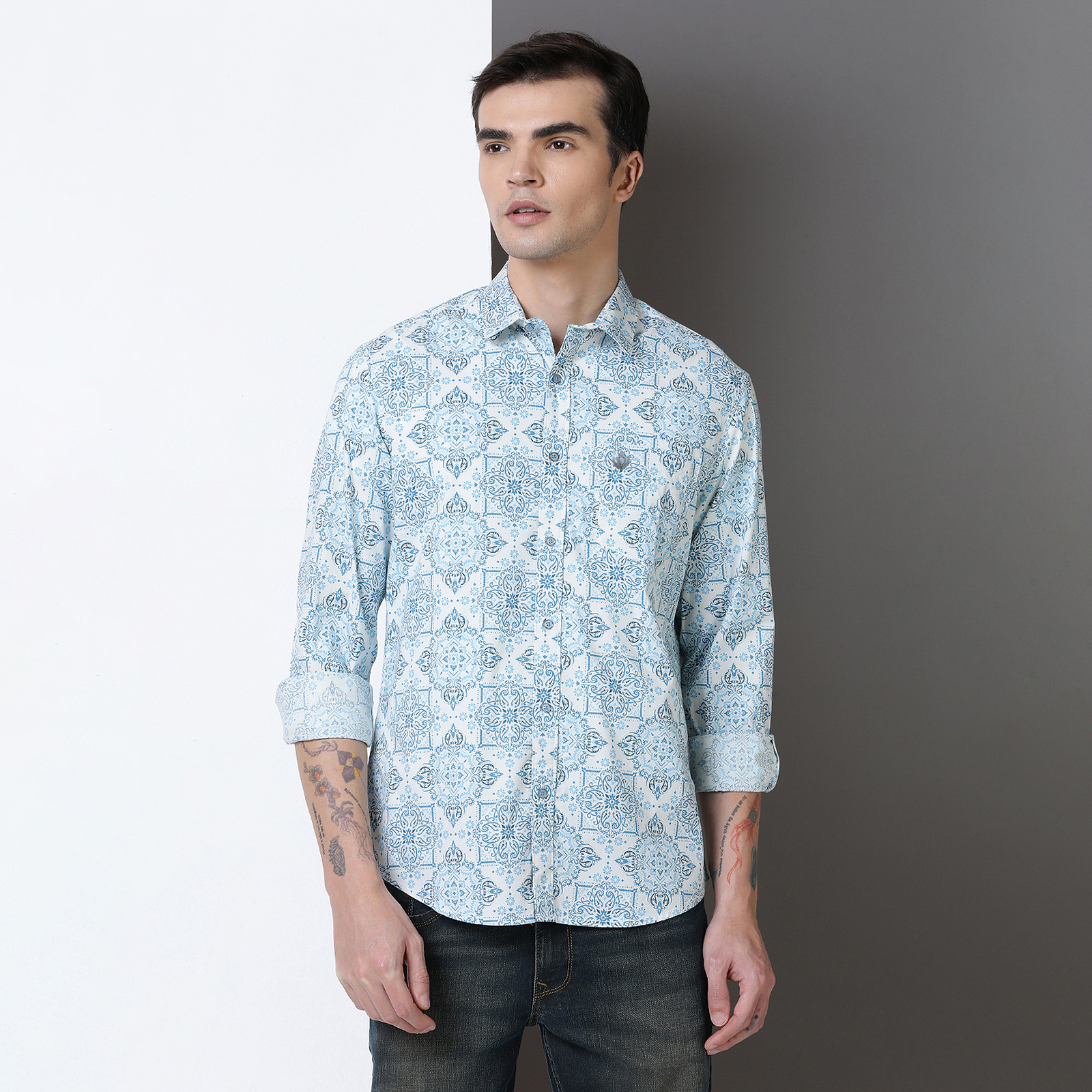 Indo Cotton Men's Teal & Blue Printed Full Sleeve Shirt