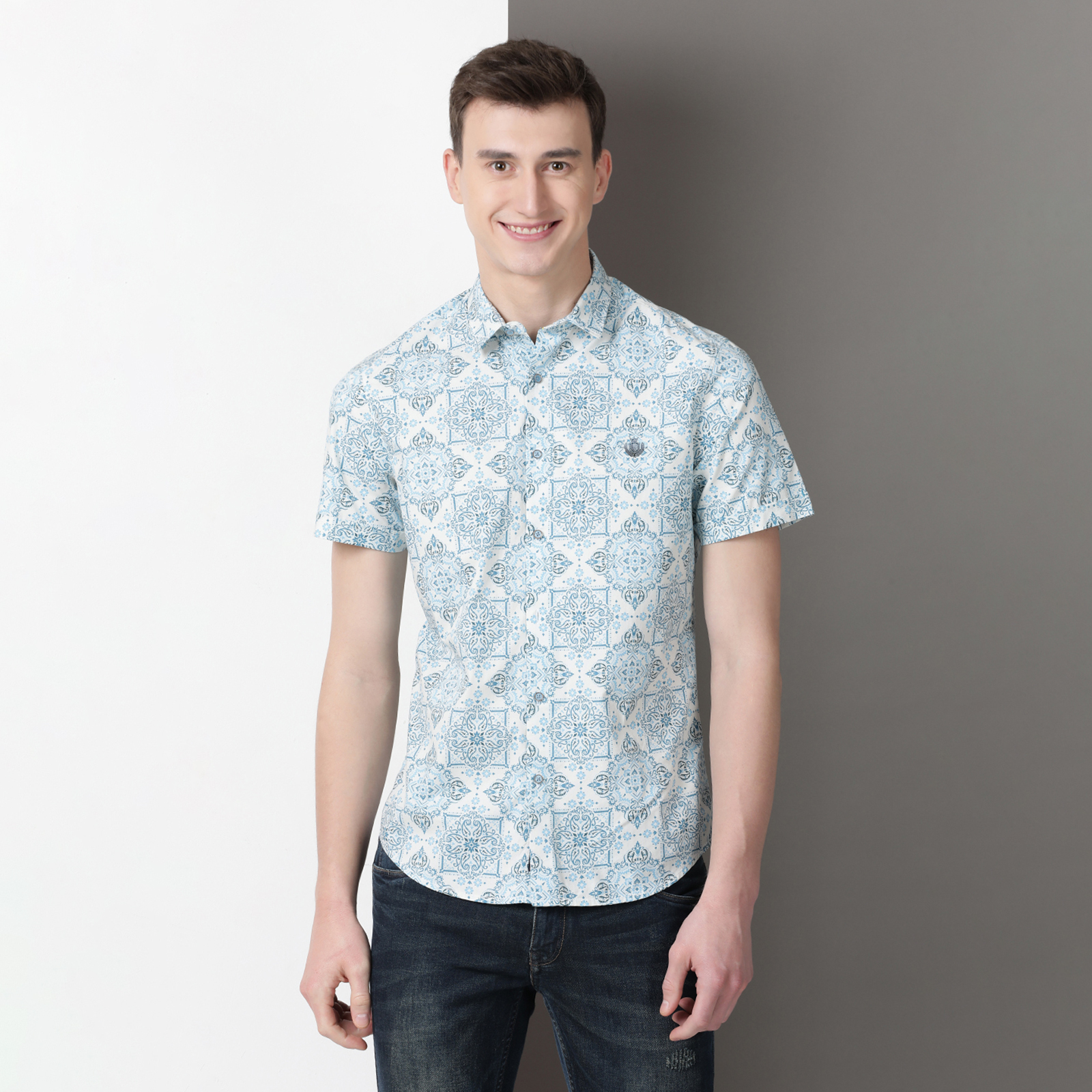 Indo Cotton Men's Blue & Teal Printed Half Sleeve Shirt