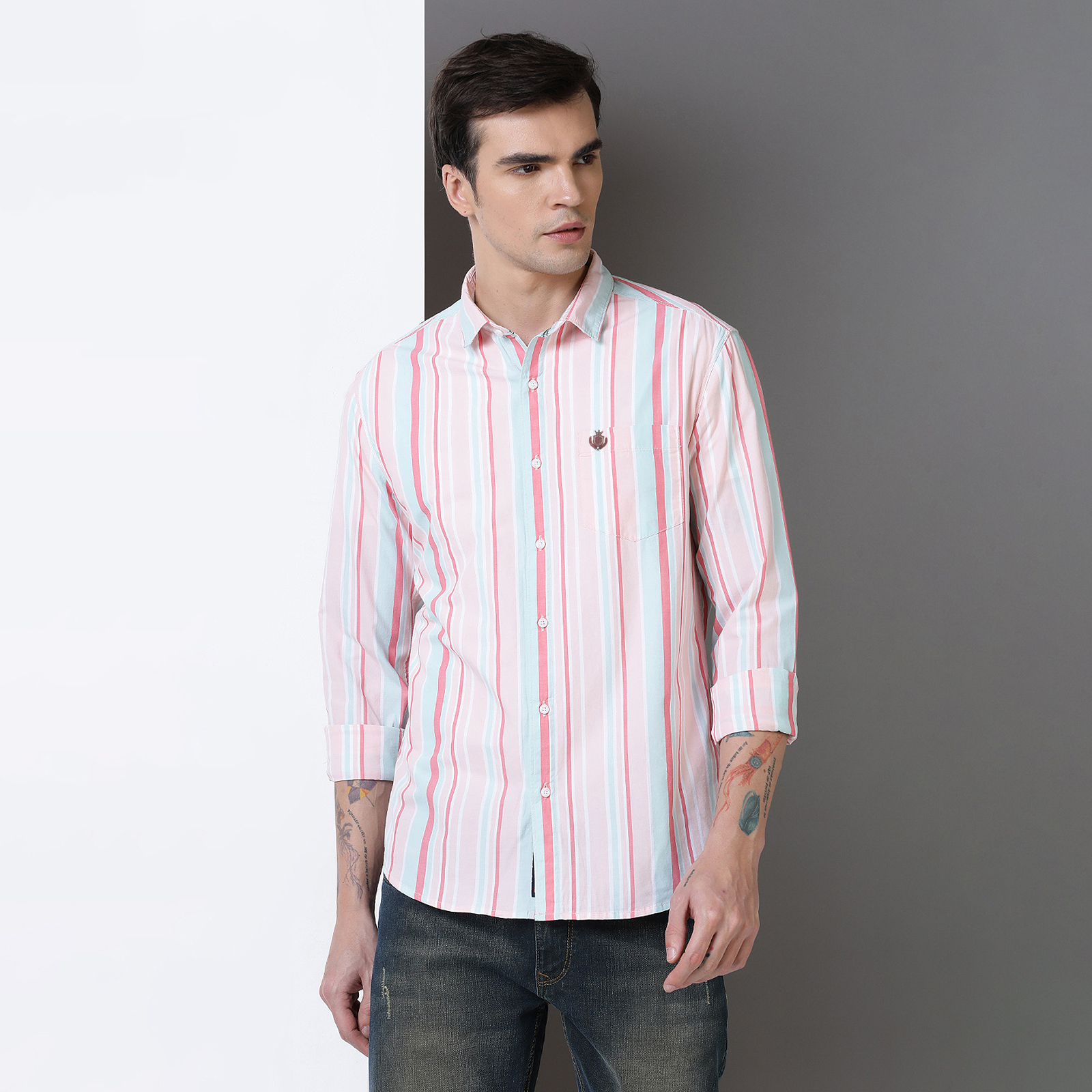Indo Cotton Men's Pink & green yarn dyed full sleeve shirt