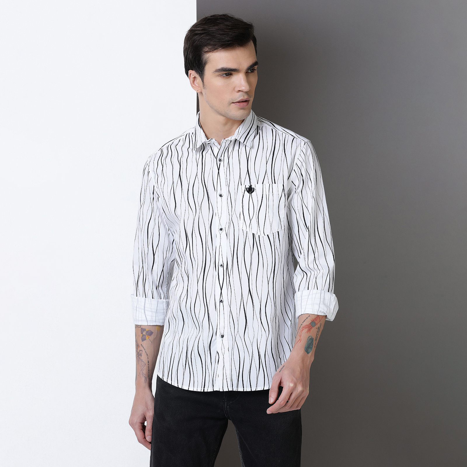 Indo Cotton Men's Black & White printed full sleeve shirt