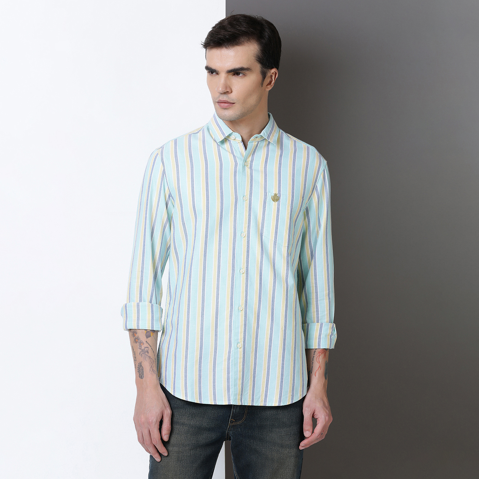 Indo Cotton Men's Green & navy yarn dyed full sleeve shirt
