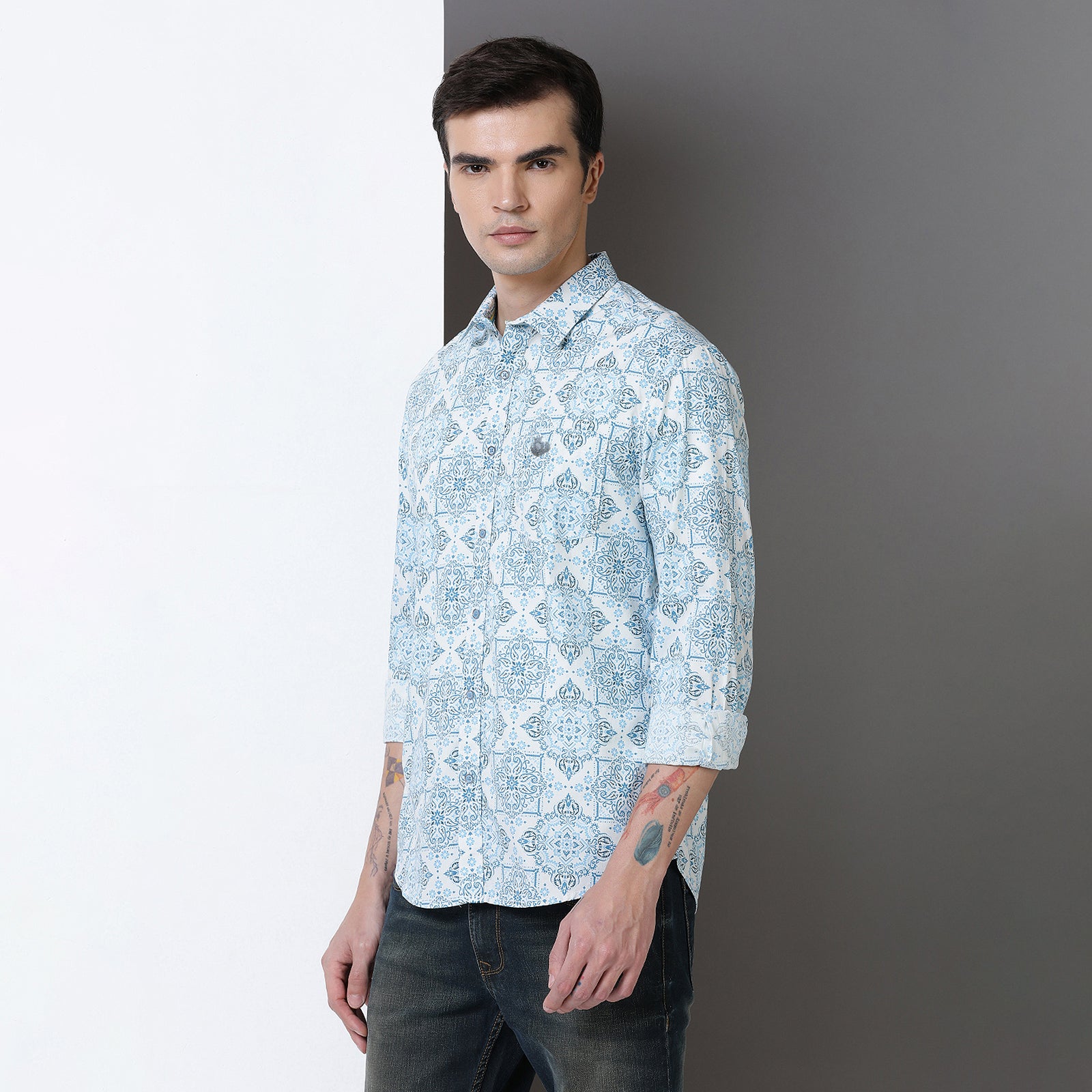 Indo Cotton Men's Teal & Blue Printed Full Sleeve Shirt