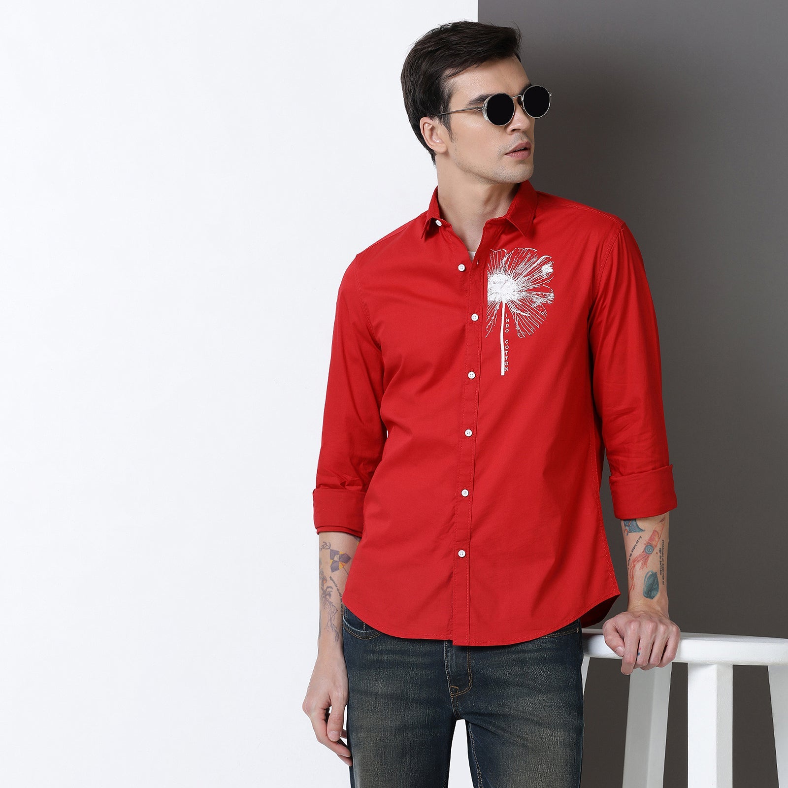 Red Colur With White Print Full Sleeve Shirt